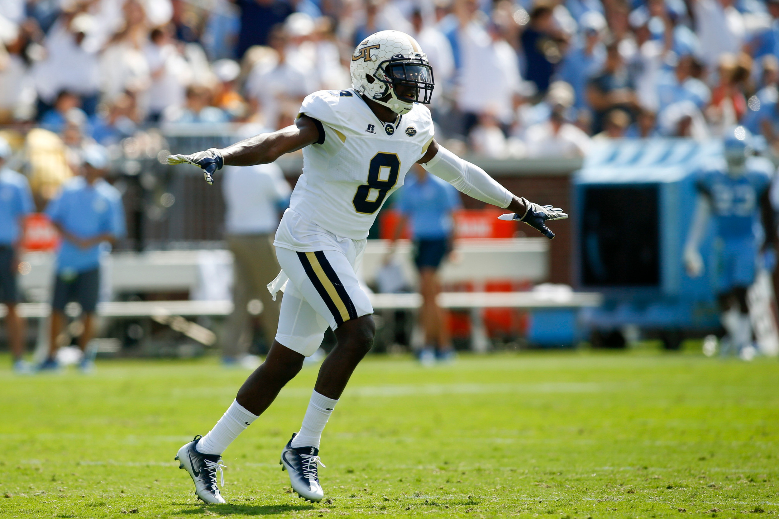 Sep 30, 2017; Atlanta, GA, USA; Georgia Tech Yellow Jackets defensive back Step Durham (8) shows emotion after a missed field goal against the North Carolina Tar Heels in the second quarter at Bobby Dodd Stadium. Mandatory Credit: Brett Davis-USA TODAY Sports