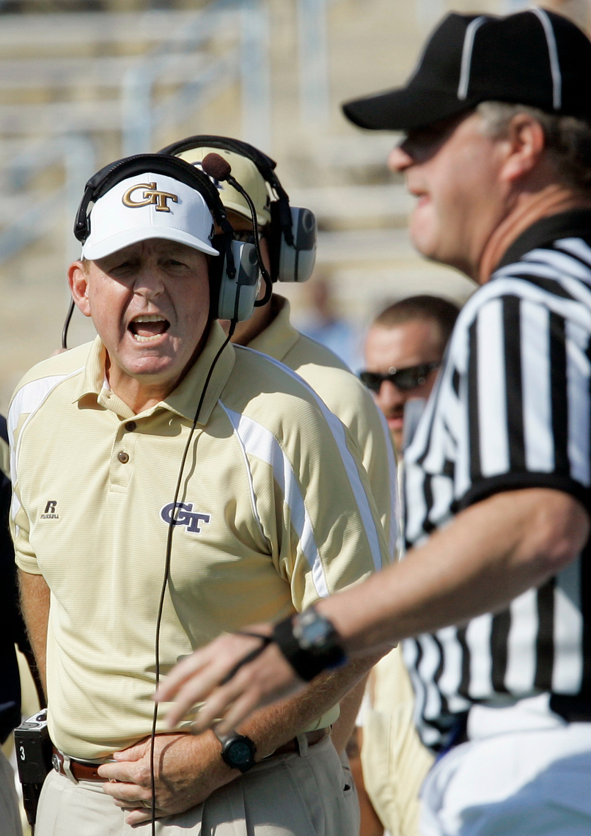 Georgia Tech coach Chan Gailey yells at an official during the first half of a college football game against North Carolina in Chapel Hill, N.C., Saturday, Nov. 11, 2006. Georgia Tech won 7-0. (AP Photo/Gerry Broome)