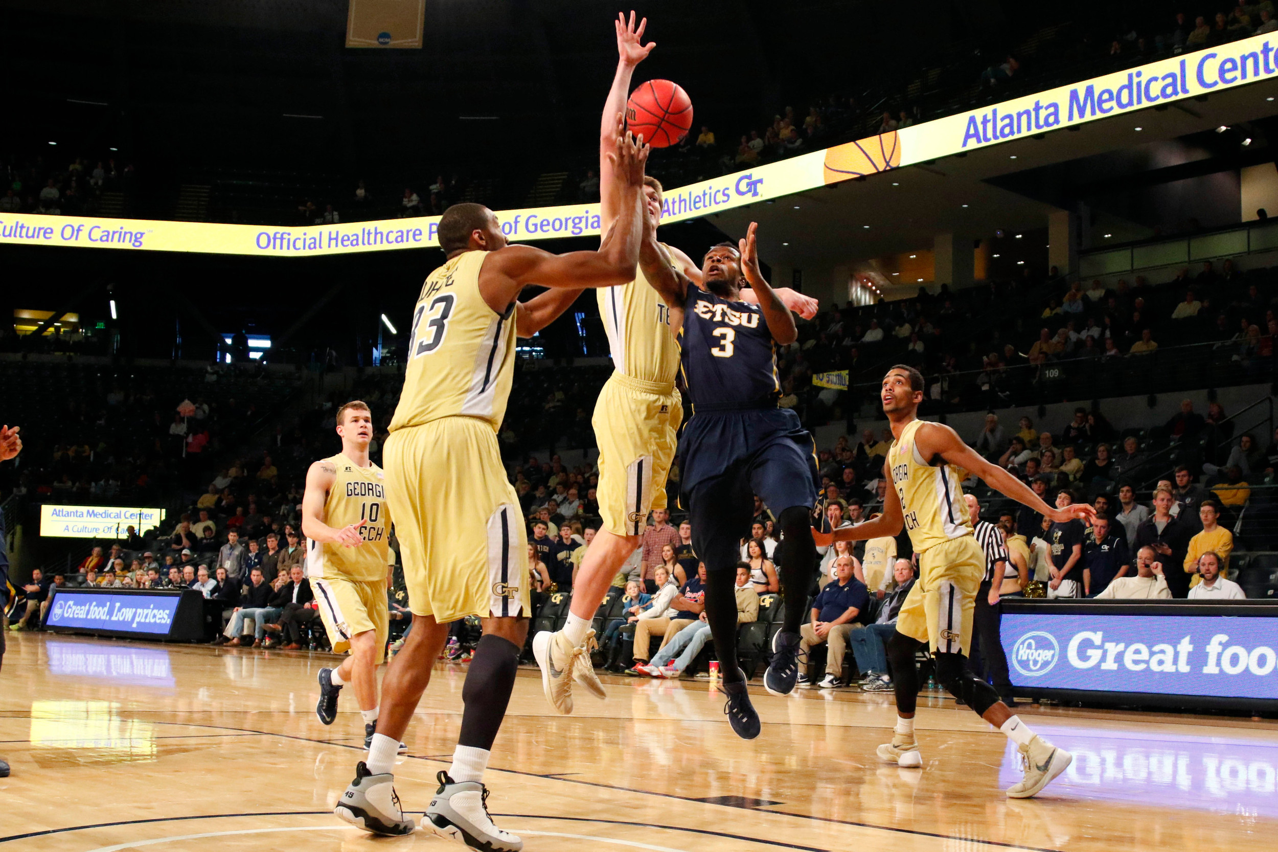 Nov 22, 2015; Atlanta, GA, USA; East Tennessee State Buccaneers guard Ge'Lawn Guyn (3) shoots a layup against the Georgia Tech Yellow Jackets in the second half at McCamish Pavilion. East Tennessee State defeated Georgia Tech 69-68. Mandatory Credit: Brett Davis-USA TODAY Sports