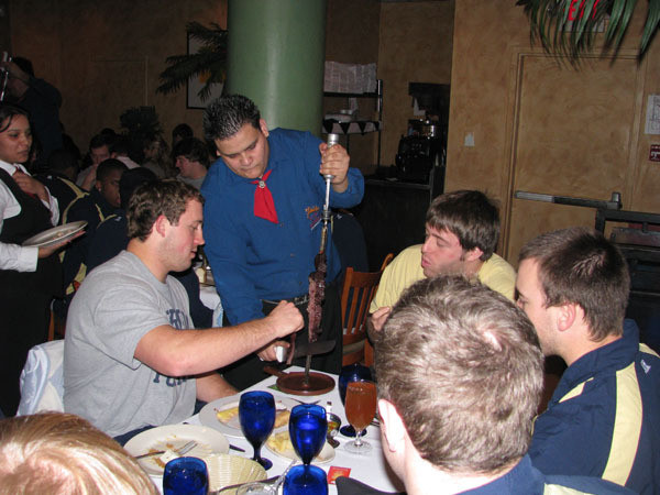 Yellow Jackets eat dinner at Fire of Brazil.