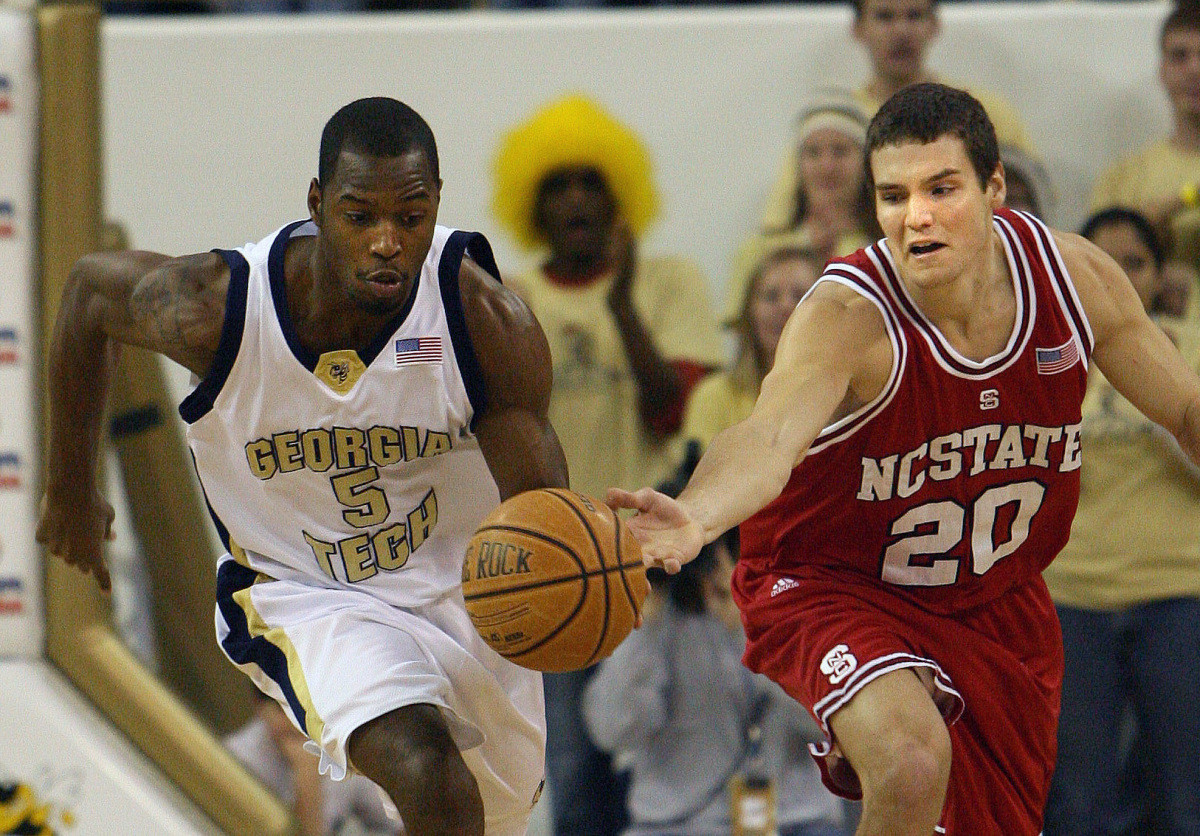 Georgia Tech's Mario West (5) steals the ball from North Carolina State's Bryan Nieman (20) in the first half of a basketball game on Tuesday, Feb. 6, 2007, in Atlanta.(AP Photo/Atlanta Journal-Constitution, Johnny Crawford)
