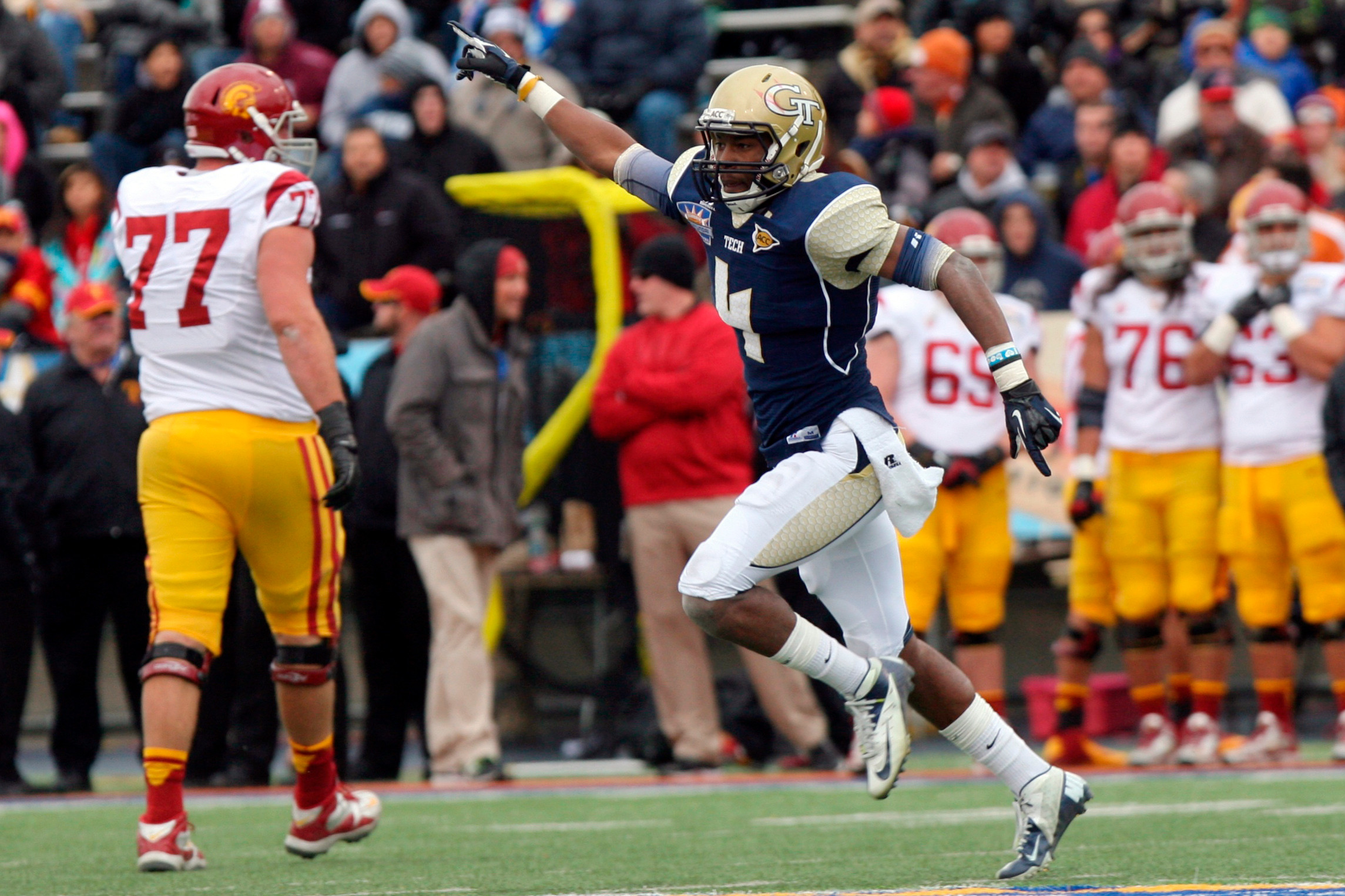 Georgia Tech defensive back Jamal Golden celebrates after his team recovered a fumble. (AP Photo/Mark Lambie)