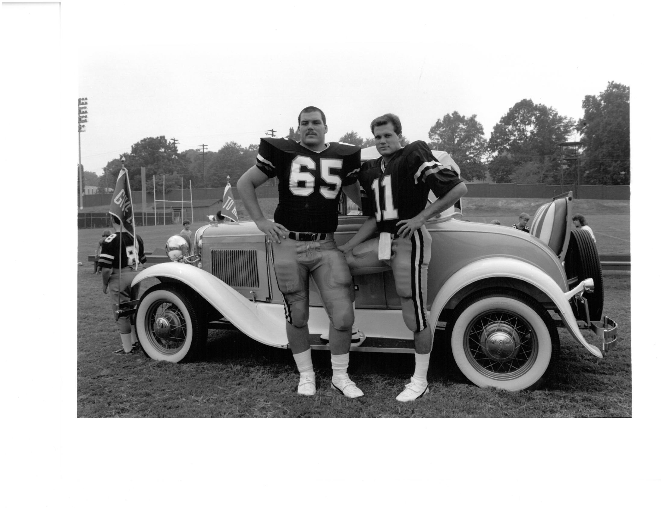 John Davis - All-American offensive lineman - with quarterback John Dewberry and the Ramblin' Wreck at Georgia Tech picture day