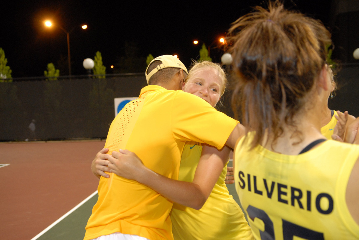 Bryan Shelton hugs Christy Striplin after her clinching match, vs. California, 2007 NCAA semifinals