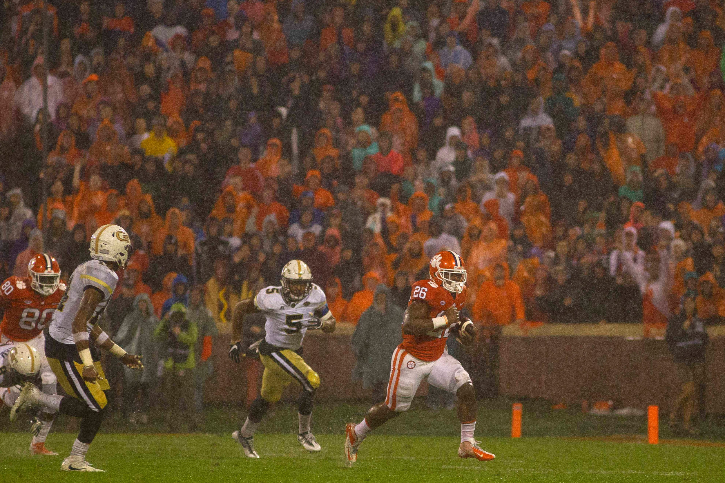 Oct 28, 2017; Clemson, SC, USA; Clemson Tigers running back Adam Choice (26) carries the ball during the first half against the Georgia Tech Yellow Jackets at Clemson Memorial Stadium. Mandatory Credit: Joshua S. Kelly-USA TODAY Sports