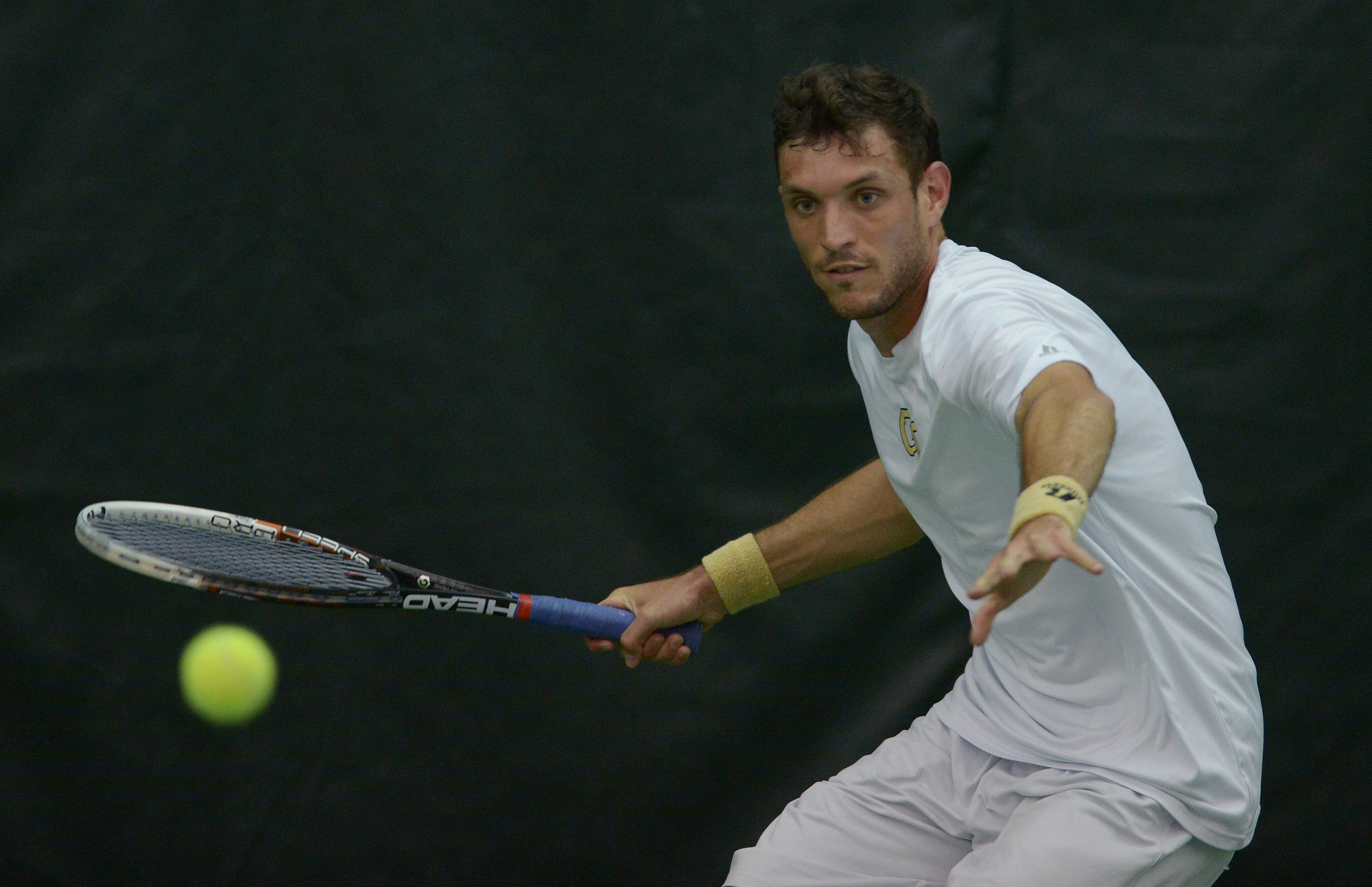 Georgia Tech's Eduardo Segura returns the ball against Wake Forest during the 2015 ACC Men's Tennis Tournament in Chapel Hill, N.C., April. 25, 2015. (Photo by Sam Roberts, theACC.com)