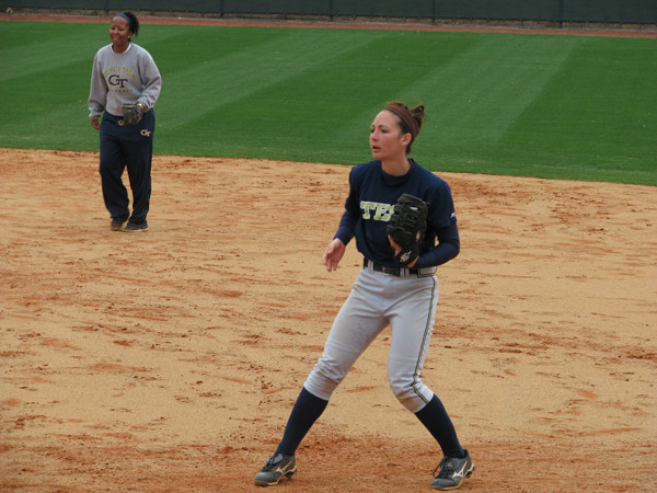 Softball team practices in its new stadium for the first time.