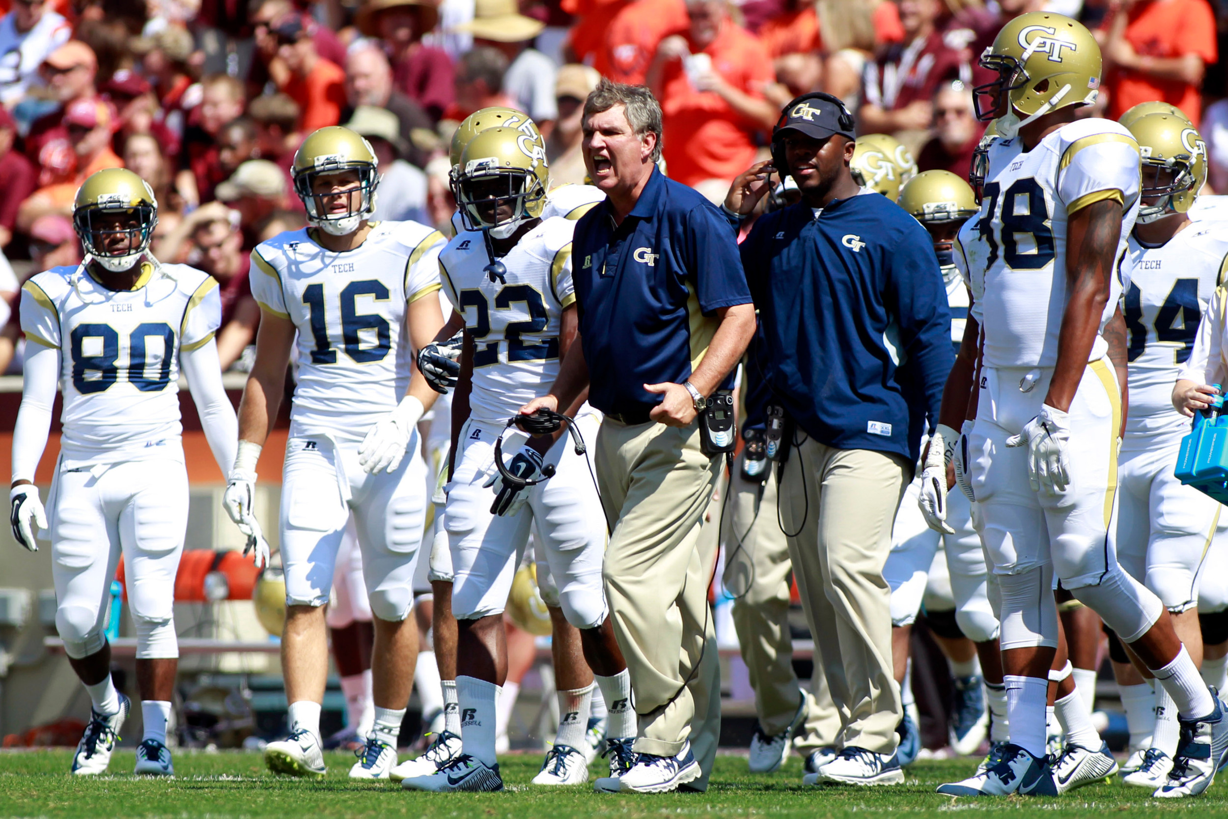 Head coach Paul Johnson yells to his team during the second quarter against the Virginia Tech Hokies at Lane Stadium. Peter Casey-USA TODAY Sports