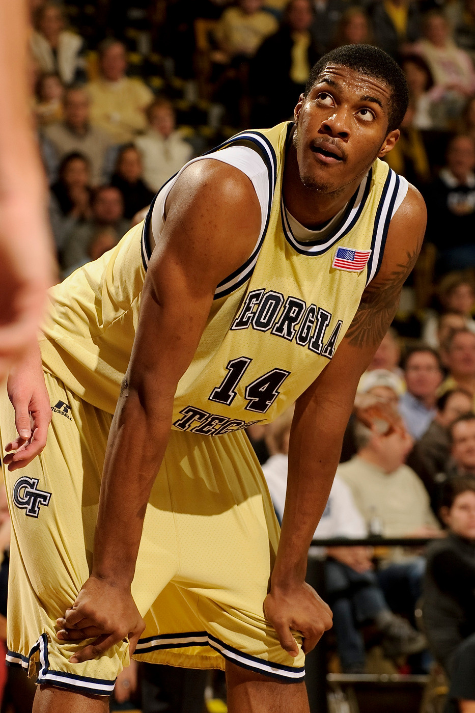 Jan 9, 2010; Atlanta, GA, USA; Georgia Tech Yellow Jackets forward Derrick Favors (14) against the Duke Blue Devils during the first half at Alexander Memorial Coliseum. Georgia Tech defeated Duke 71-67.