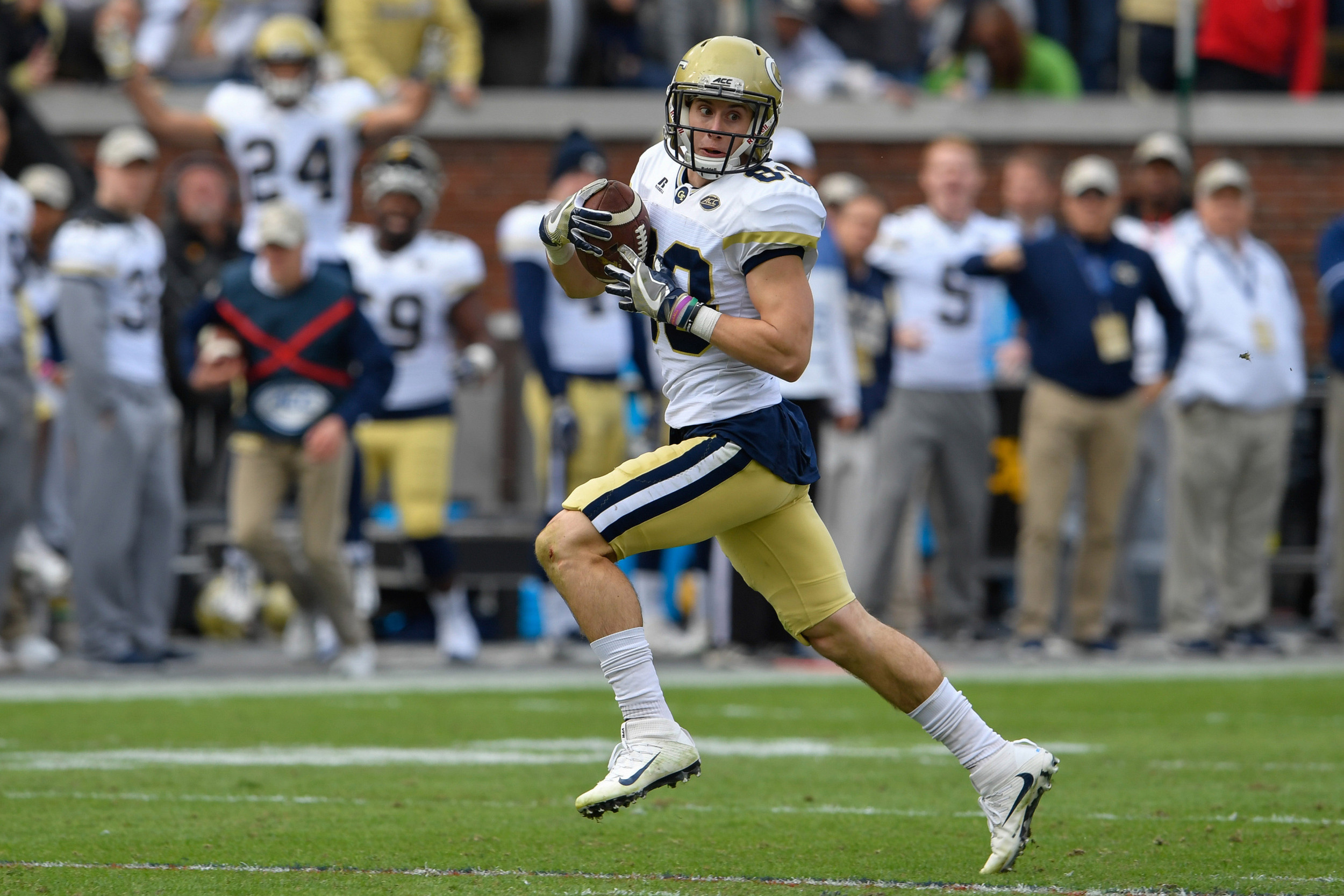 Nov 11, 2017; Atlanta, GA, USA; Georgia Tech Yellow Jackets wide receiver Brad Stewart (83) runs for a touchdown after a catch against the Virginia Tech Hokies during the second half at Bobby Dodd Stadium. Mandatory Credit: Dale Zanine-USA TODAY Sports