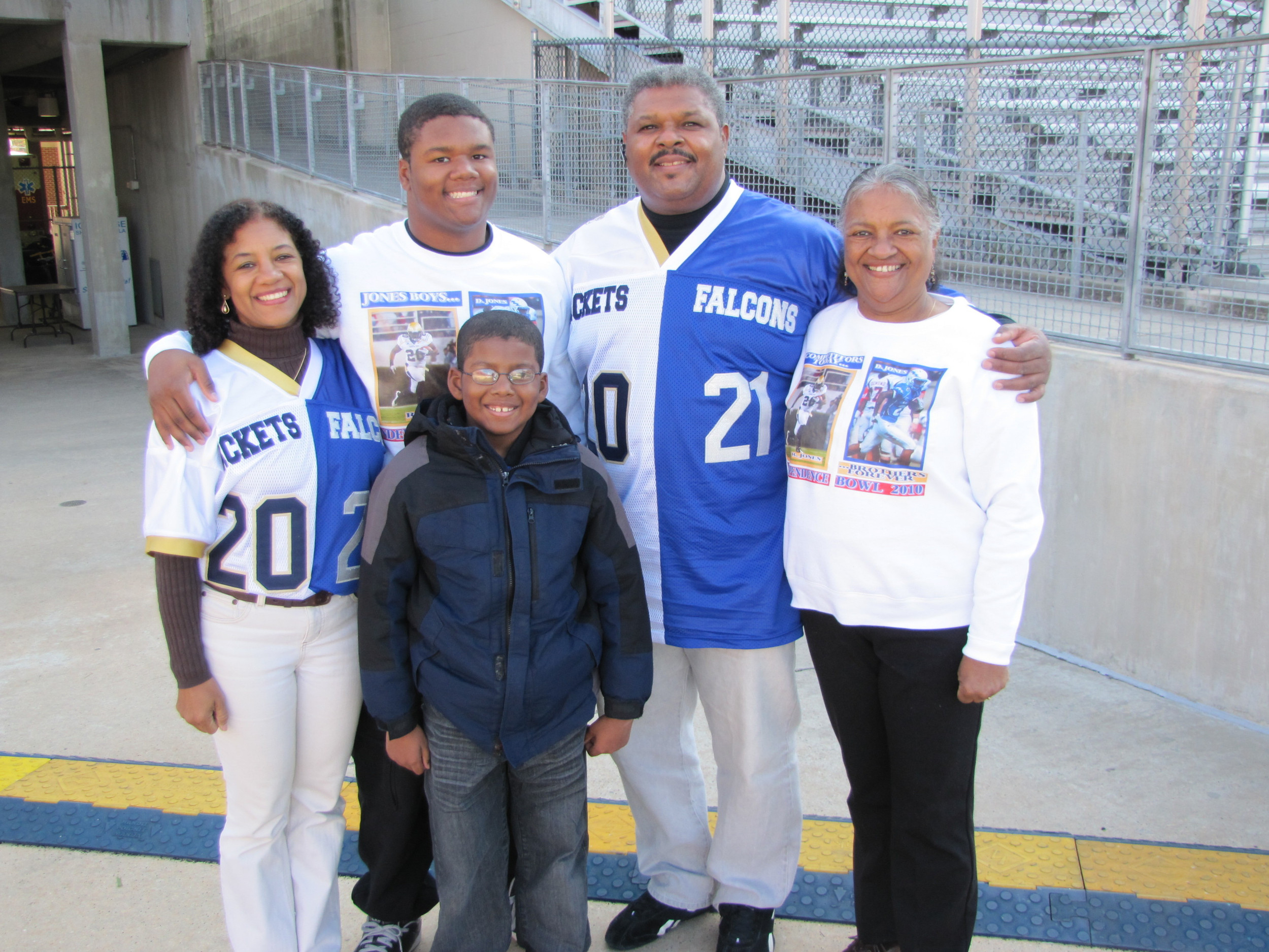 The family of Roddy Jones showing their support for both of their sons with split jerseys for Monday's game. Roddy's brother, Darius, plays for Air Force.