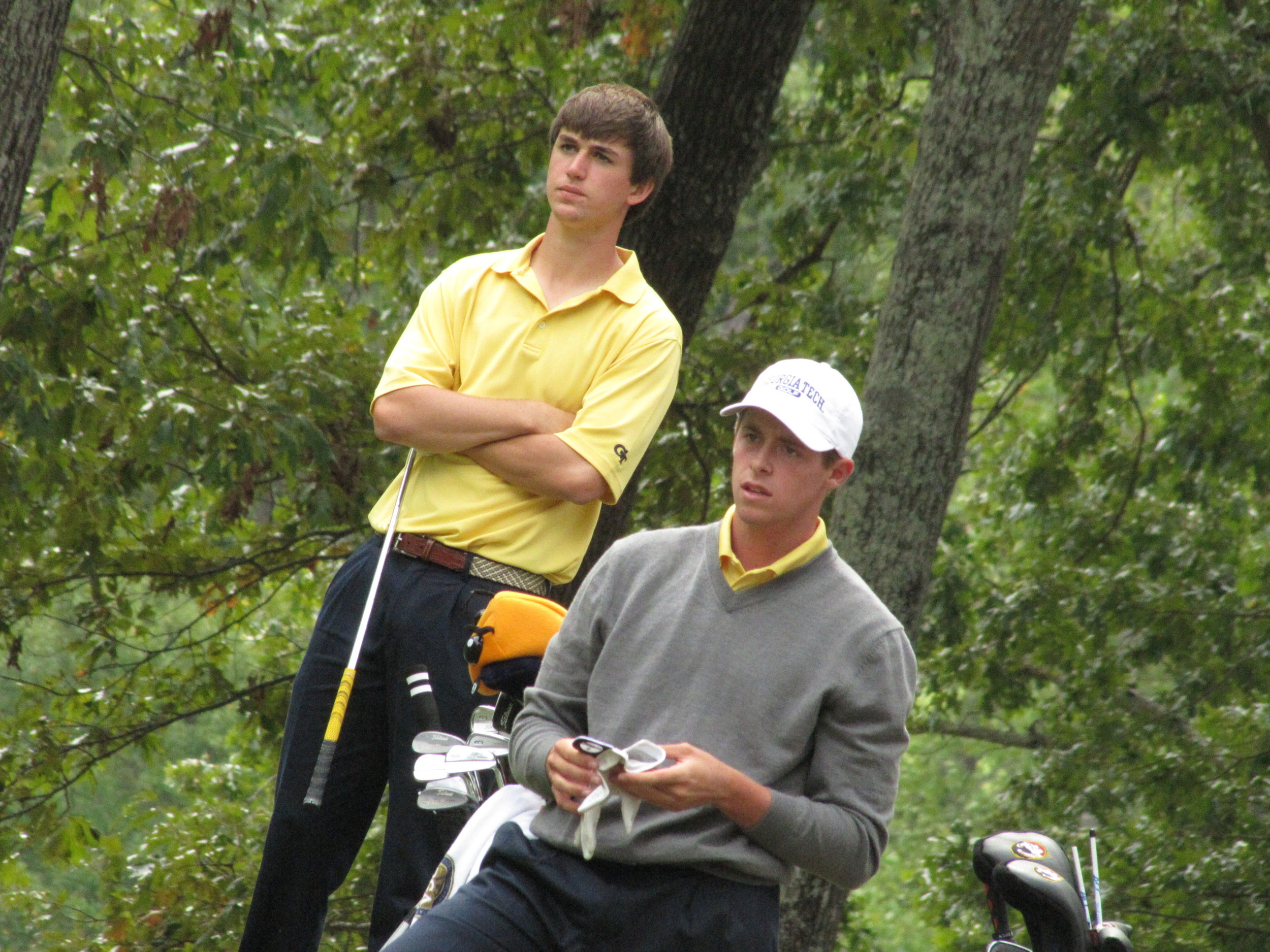 Ollie Schniederjans and Bo Andrews wait to hit at the 14th tee during the final round of the Brickyard Collegiate - October 9, 2011.