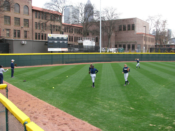 Softball team practices in its new stadium for the first time.