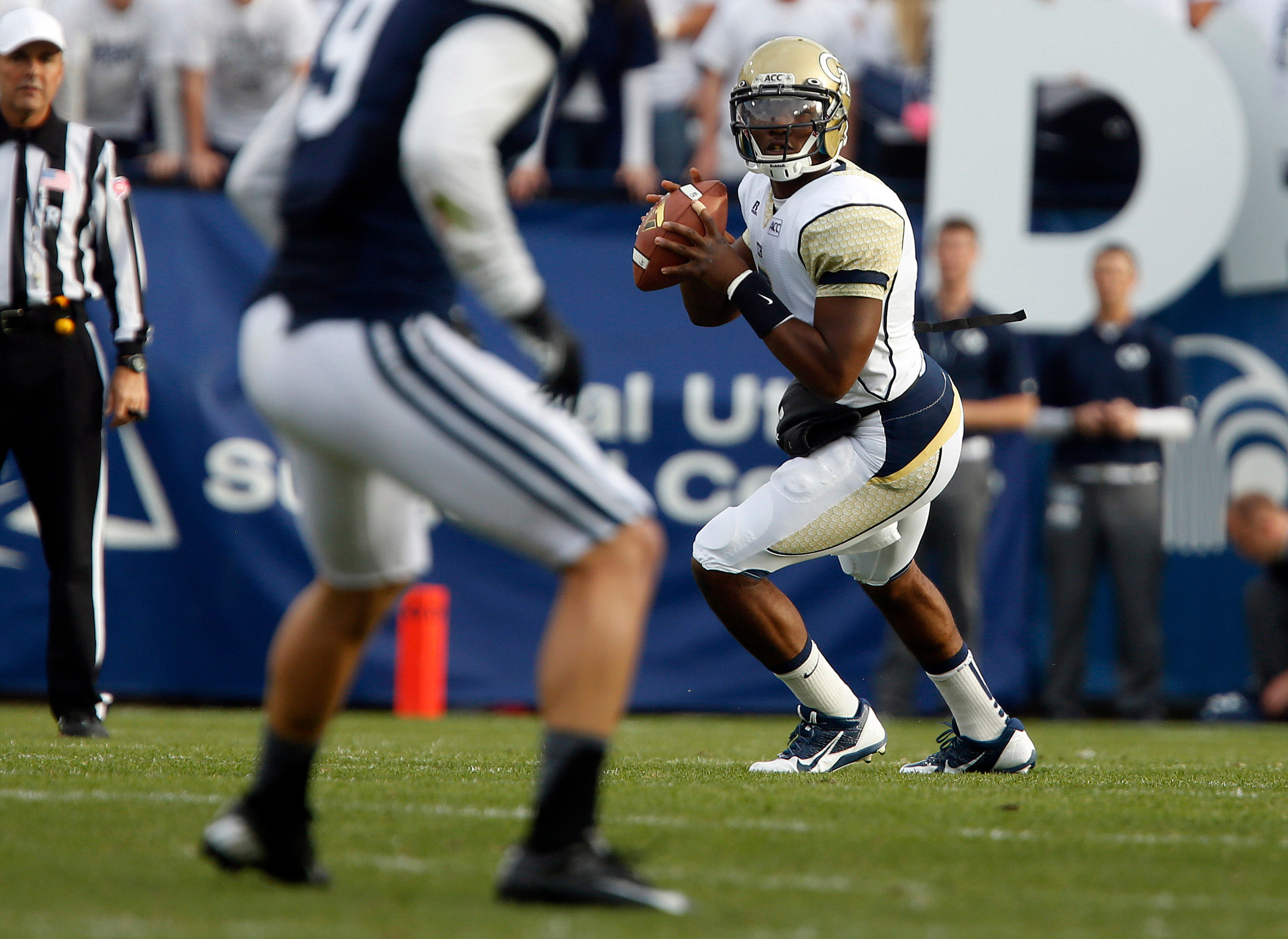 Georgia Tech Yellow Jackets quarterback Vad Lee (2) looks to pass during the first quarter of a football game against the Brigham Young Cougars at Lavell Edwards Stadium. (Jim Urquhart-USA TODAY Sports)