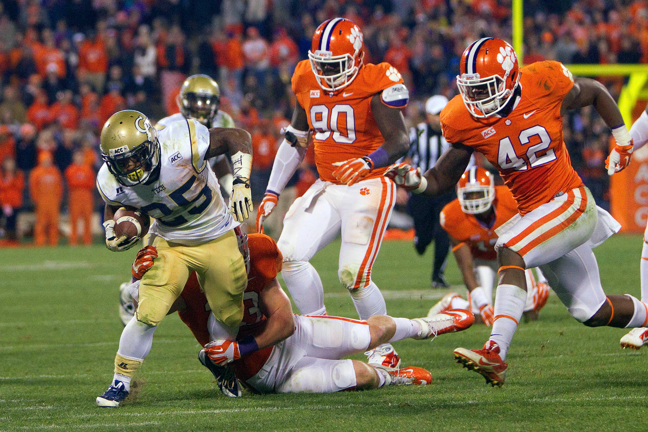 Nov 14, 2013; Clemson, SC, USA; Georgia Tech Yellow Jackets running back Robert Godhigh (25) carries the ball during the third quarter against the Clemson Tigers at Clemson Memorial Stadium. Clemson won 55-31. Mandatory Credit: Joshua S. Kelly-USA TODAY Sports