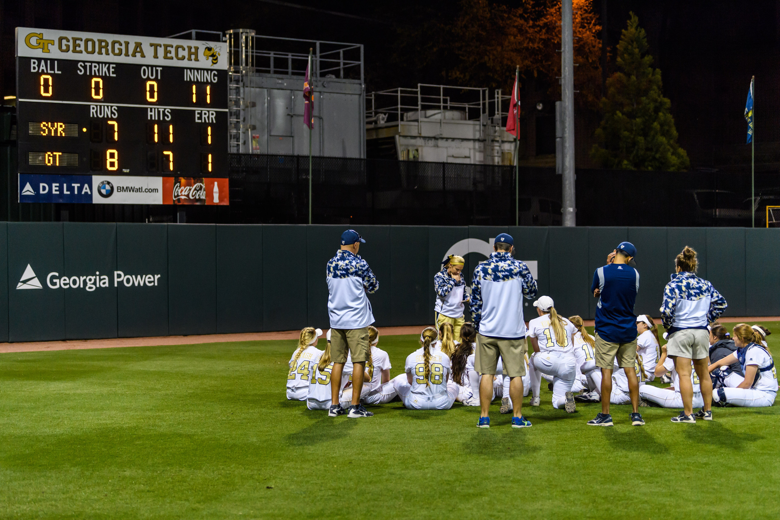 Coach Hoerner speaks to the team after the win