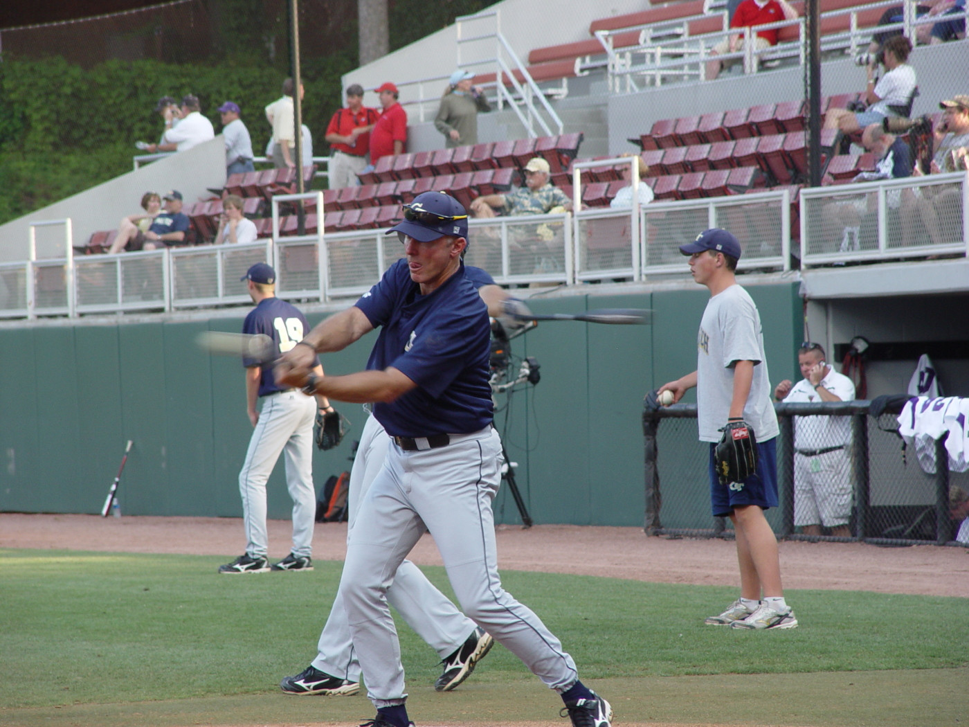 Head coach Danny Hall hits fungoes during infield practice prior to Tech's NCAA regional game vs. Lipscomb, May 31, 2008.