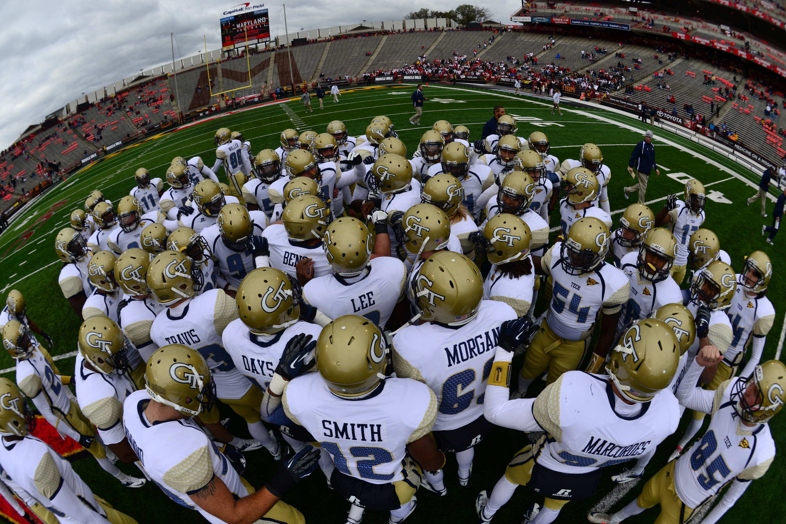 The Yellow Jackets huddle before the game at Maryland.
