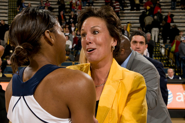 Head Coach MaChelle Joseph celebrates win over Georgia with Jacqua Williams