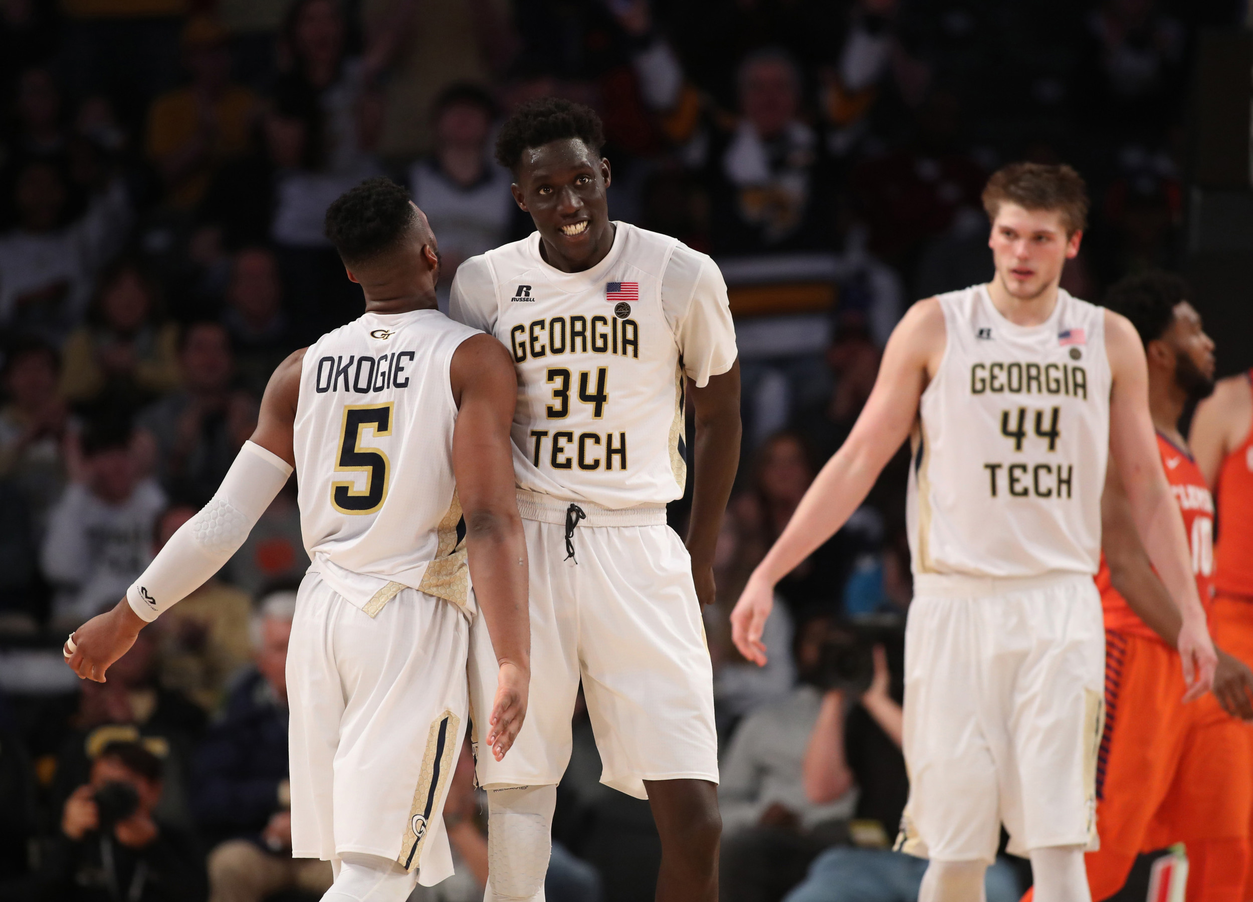 Jan 28, 2018; Atlanta, GA, USA; Georgia Tech Yellow Jackets guard Josh Okogie (5) celebrates a basket with forward Abdoulaye Gueye (34) during the second half against the Clemson Tigers at McCamish Pavilion. Mandatory Credit: Jason Getz-USA TODAY Sports