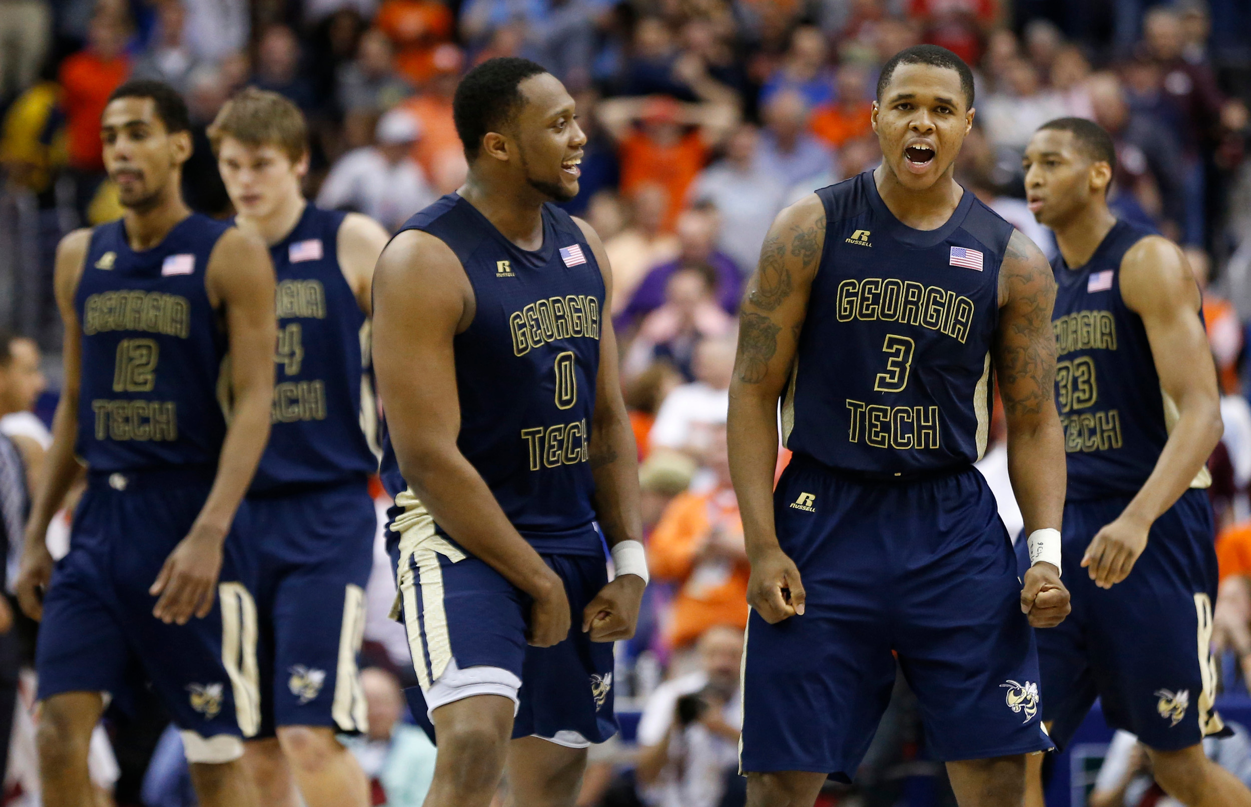 Marcus Georges-Hunt celebrates with forward Charles Mitchell after forcing overtime against the Clemson Tigers. Geoff Burke-USA TODAY Sports