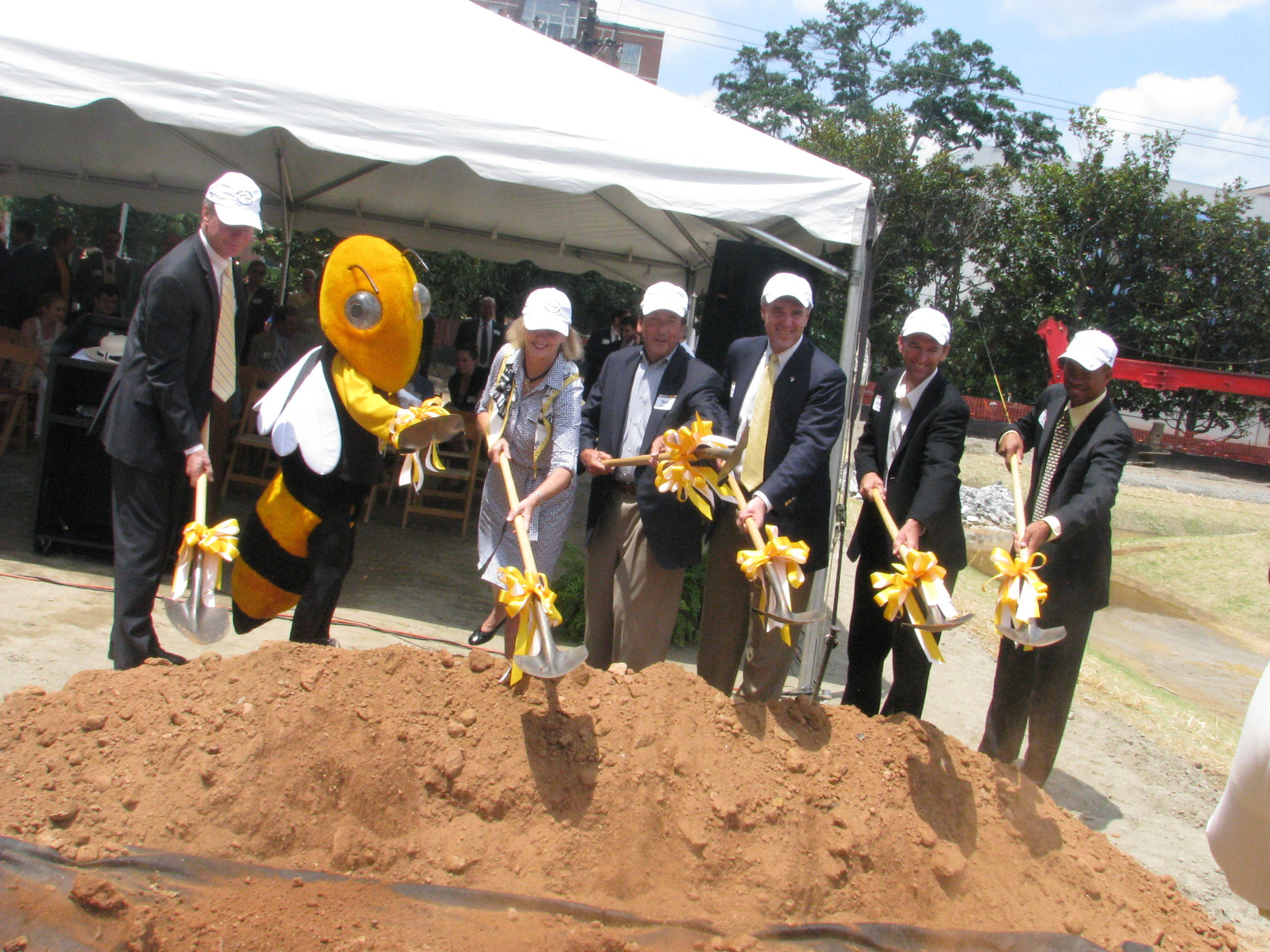 President Bud Peterson, Buzz, Trish and Ken Byers, Dan Radakovich, Bryan Shelton and Kenny Thorne dig the first dirt at the Ken Byers Tennis Complex Groundbreaking Ceremony, June 15, 2012.