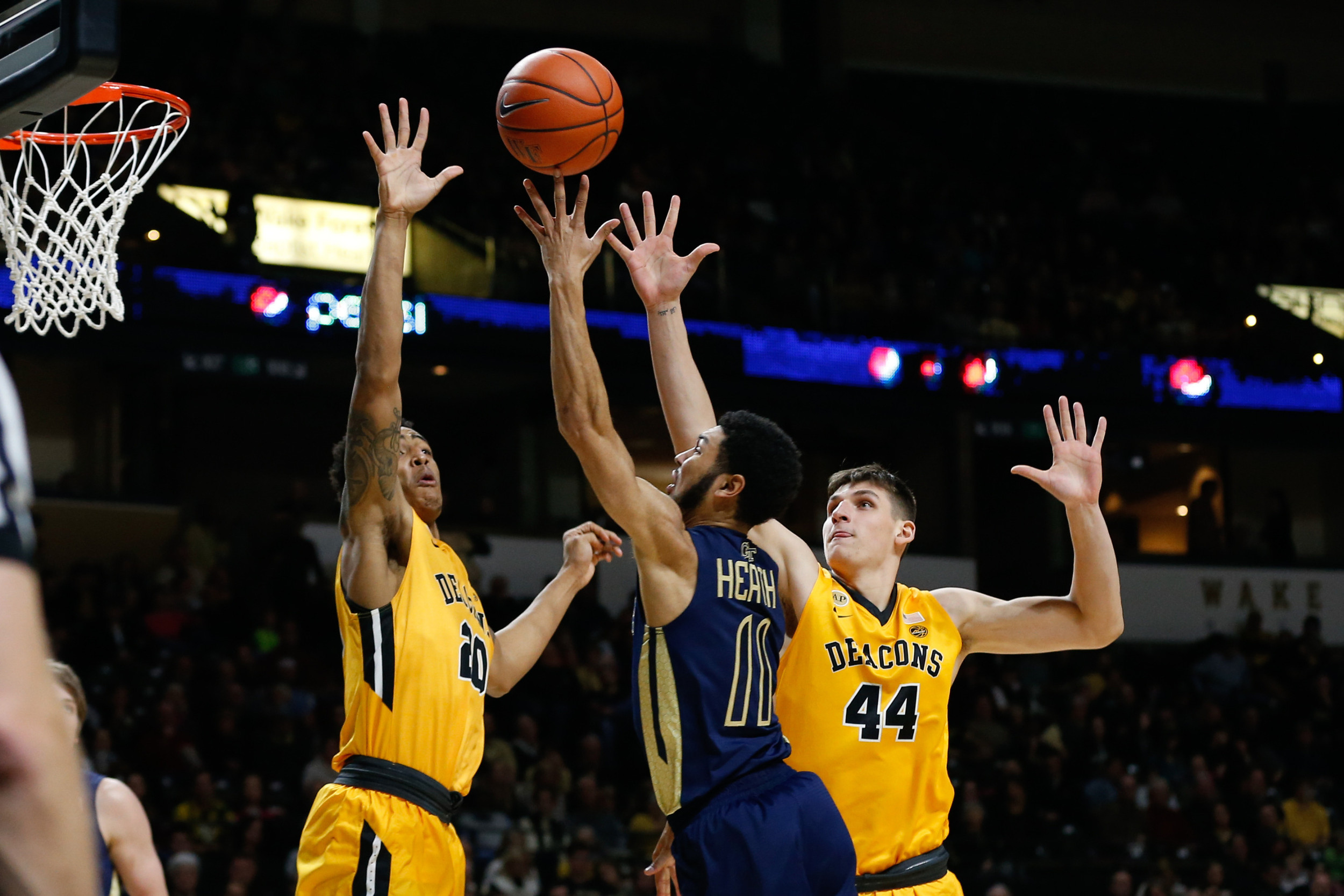 Georgia Tech Yellow Jackets guard Josh Heath (11) goes up for a shot against Wake Forest Demon Deacons forward in the second half at Lawrence Joel Veterans Memorial Coliseum. Wake defeated Georgia Tech 81-69. Jeremy Brevard-USA TODAY Sports