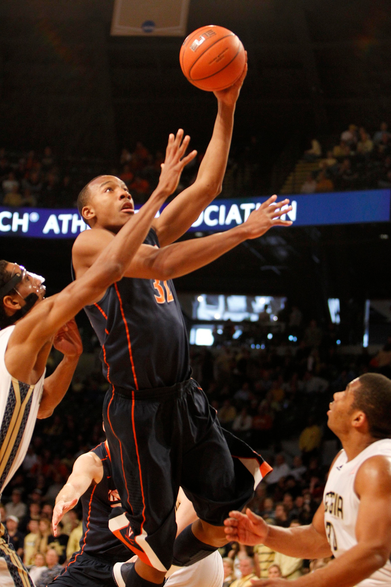 Feb 8, 2014; Atlanta, GA, USA; Virginia Cavaliers forward Darion Atkins (32) shoots the ball against the Georgia Tech Yellow Jackets in the second half at Hank McCamish Pavilion. Virginia defeated Georgia Tech 64-45. Mandatory Credit: Brett Davis-USA TODAY Sports
