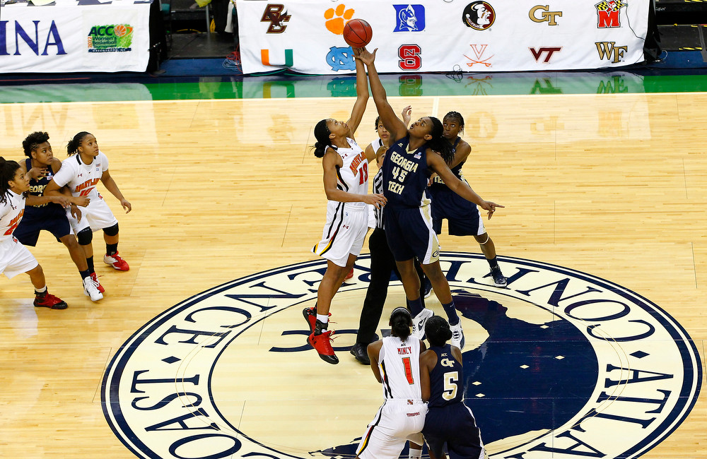 Maryland and Georgia Tech tip-off during the Championship game of the 2012 ACC Women's Basketball Tournament in Greensboro, NC, March 4, 2012. (Photo by Mark W. Sutton , theACC.com)