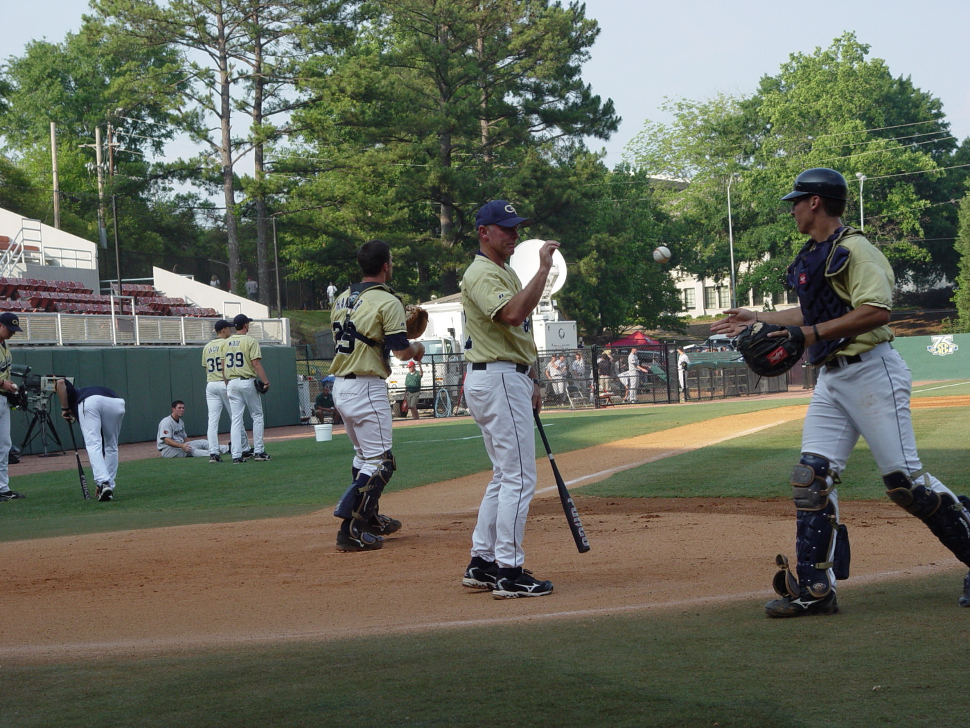 Danny Hall leads pregame infield before Tech faces Louisville in the NCAA baseball regional, May 30, 2008.