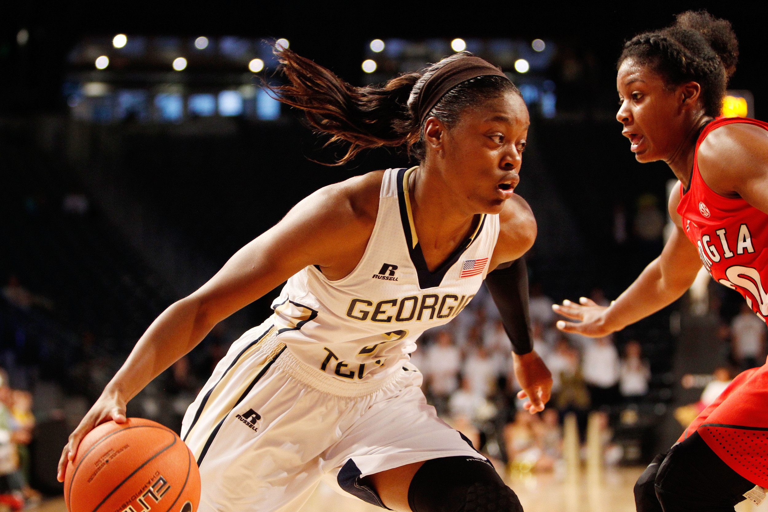 Nov 23, 2014; Atlanta, GA, USA; Georgia Tech Yellow Jackets guard Kaela Davis (3) drives to the basket against the Georgia Bulldogs in the second half at McCamish Pavilion. Georgia defeated Georgia Tech 64-57. Mandatory Credit: Brett Davis-USA TODAY Sports