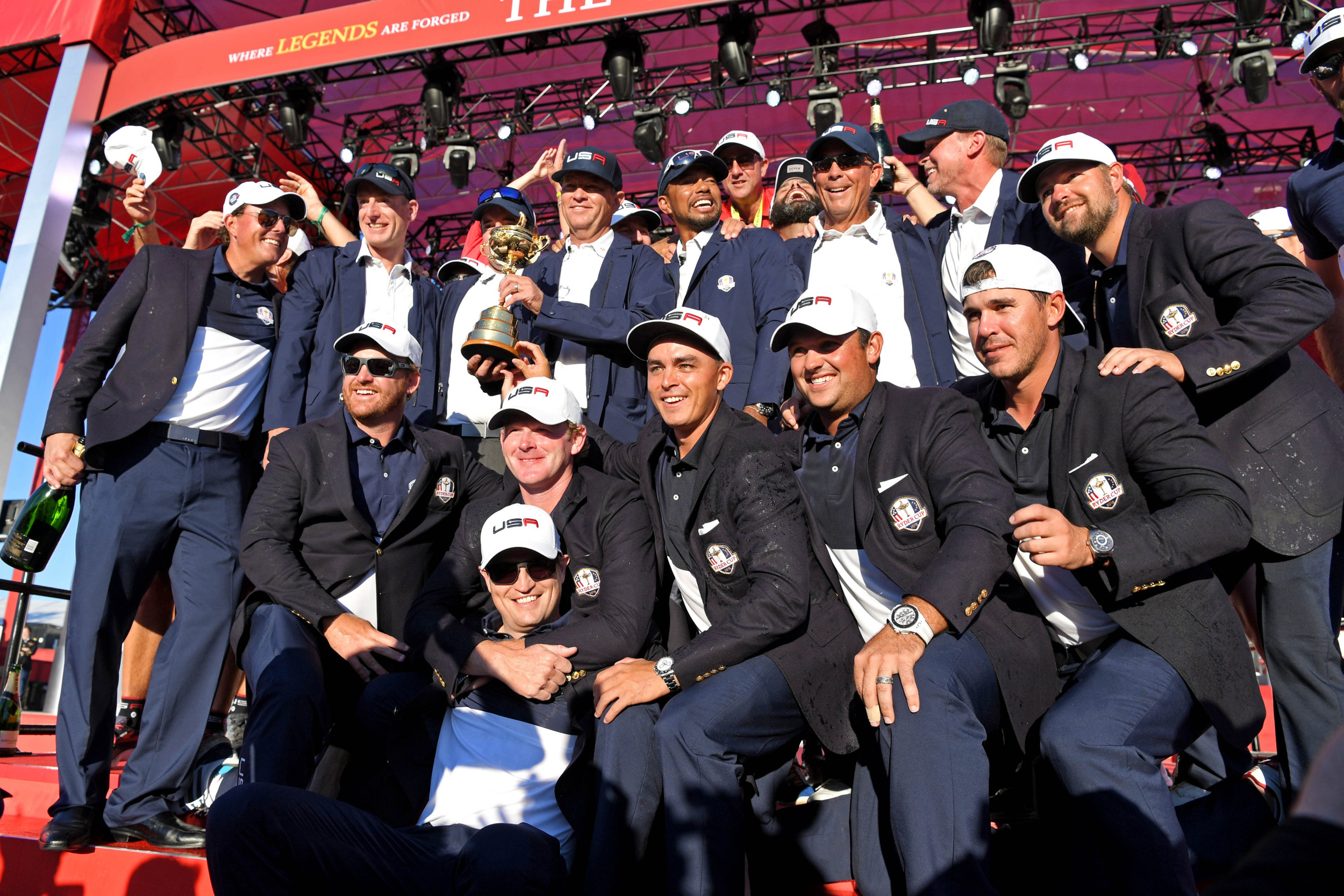 Oct 2, 2016; Chaska, MN, USA; Team USA captain Davis Love III speaks during the closing ceremonies after the single matches in 41st Ryder Cup Hazeltine National Golf Club. Mandatory Credit: John David Mercer-USA TODAY Sports