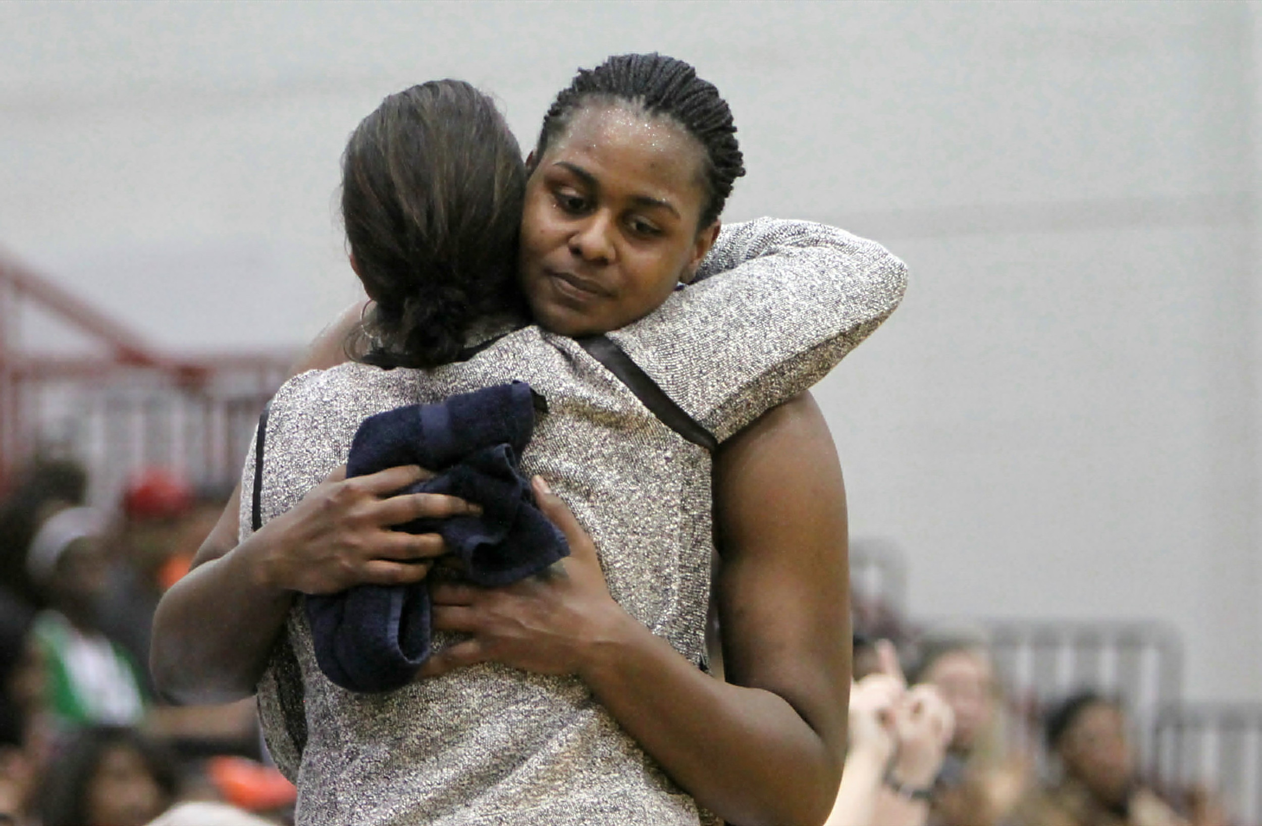 Head Coach MaChelle Joseph gives senior Sasha Goodlett when she comes out of the game for the final time on Senior Day against Clemson.