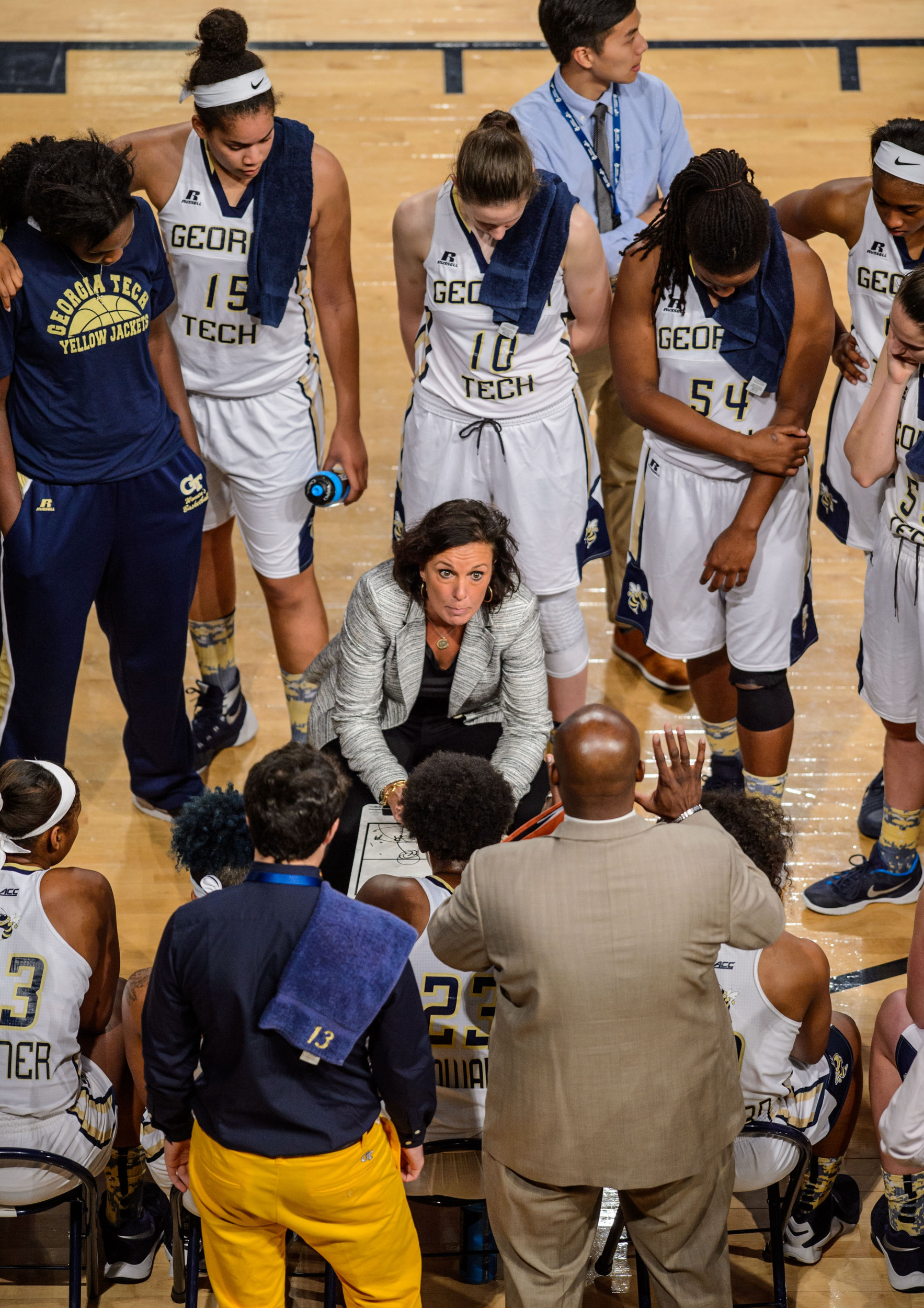 Coach MaChelle Joseph speaks to the team during a timeout
