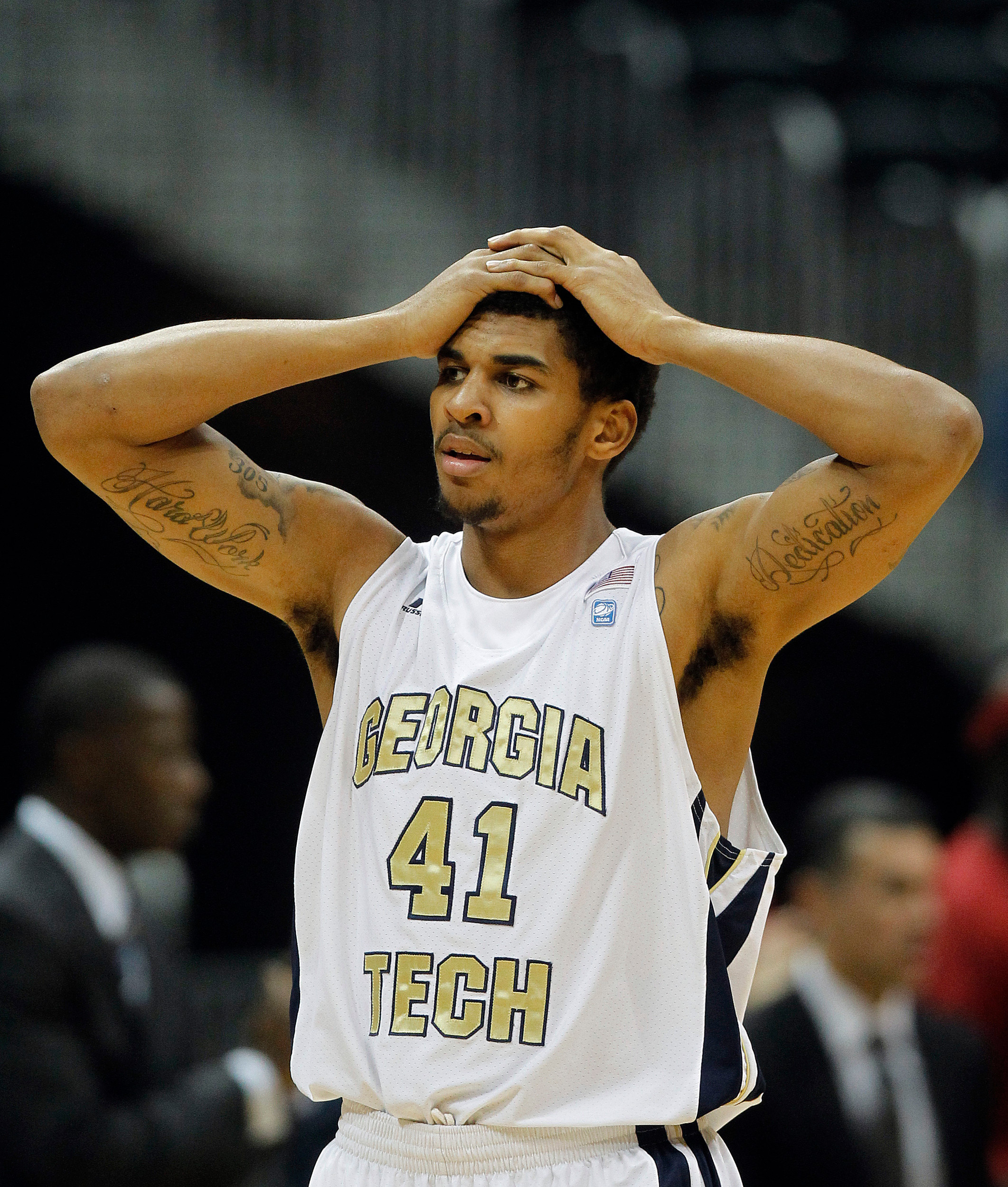 Georgia Tech's Glen Rice Jr. reacts after an Alabama basket in the first half of an NCAA college basketball game in Atlanta, Tuesday, Jan. 3, 2012. (AP Photo/John Bazemore)
