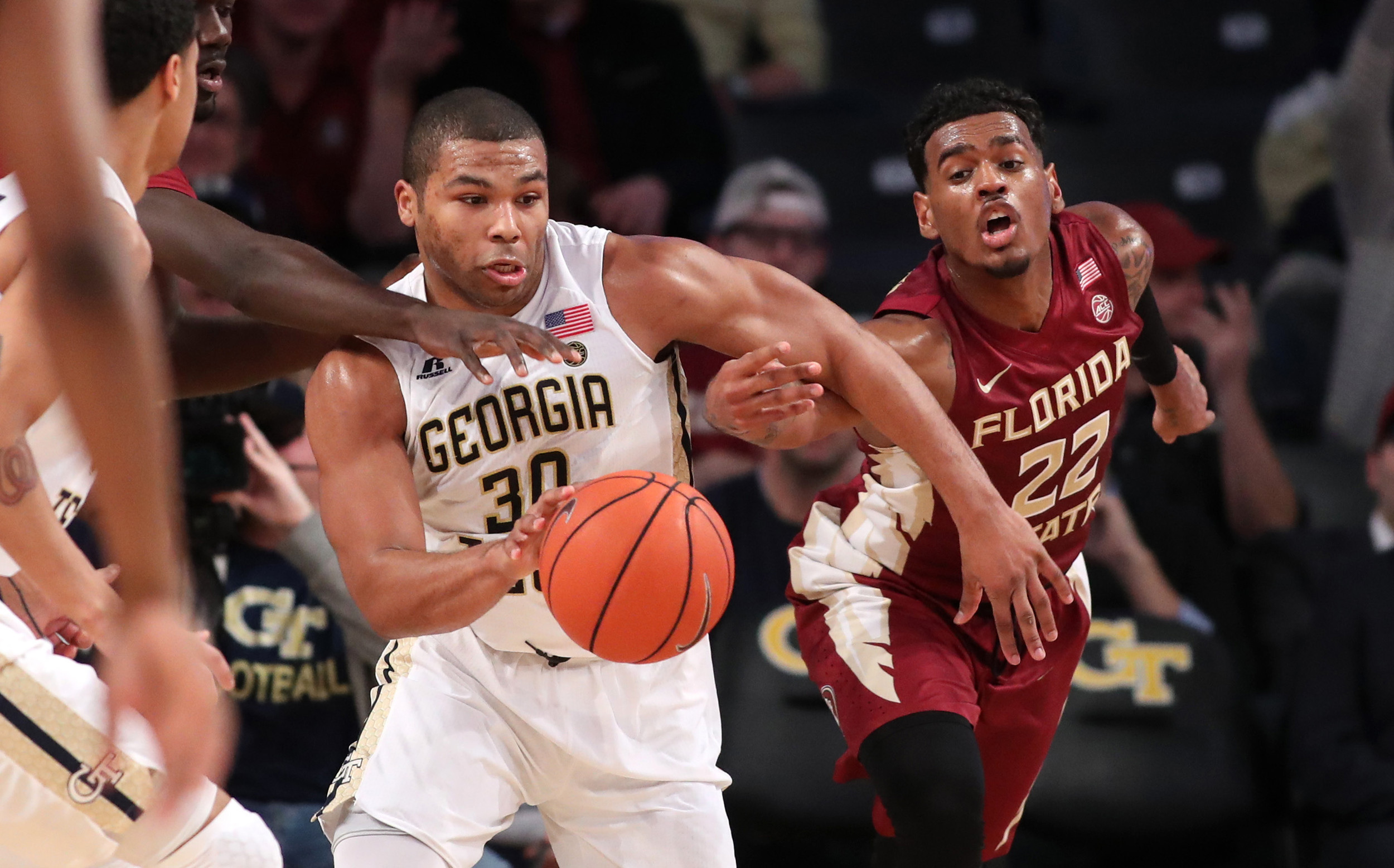 Jan 25, 2017; Corey Heyward (30) steals the ball away from Florida State Seminoles guard Xavier Rathan-Mayes (22) in the first half at McCamish Pavilion. Credit: Jason Getz-USA TODAY Sports