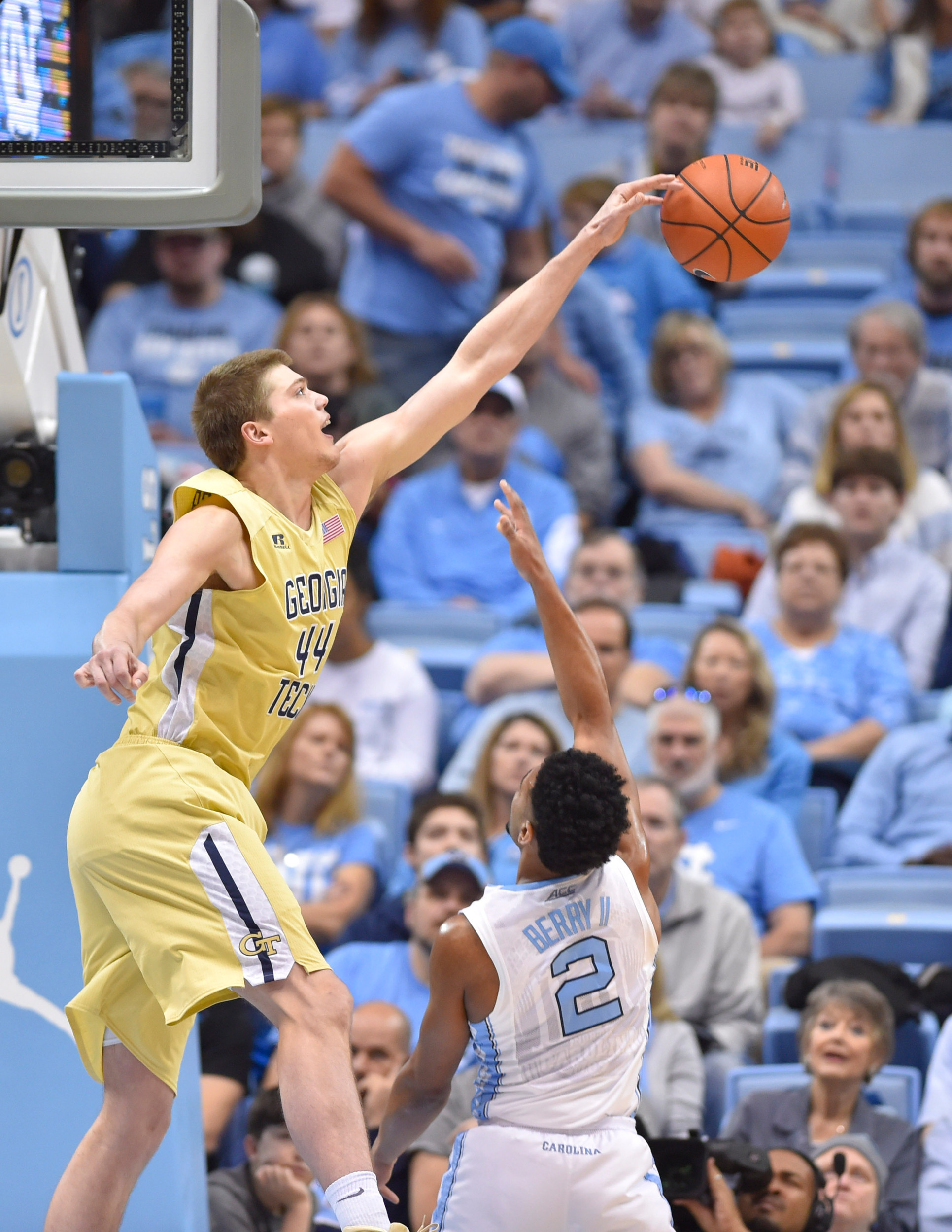 Yellow Jackets center Ben Lammers (44) defends in the first half at Dean E. Smith Center. Bob Donnan-USA TODAY Sports