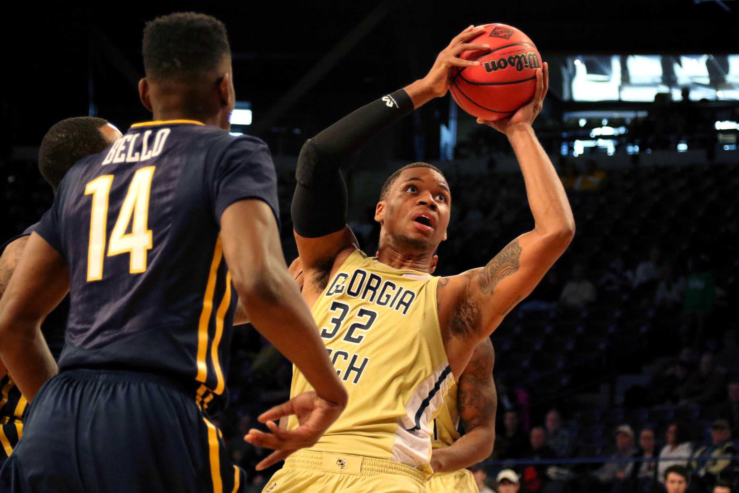 Nov 22, 2015; Atlanta, GA, USA; Georgia Tech Yellow Jackets forward Nick Jacobs (32) shoots the ball against the East Tennessee State Buccaneers in the first half at McCamish Pavilion. Mandatory Credit: Brett Davis-USA TODAY Sports