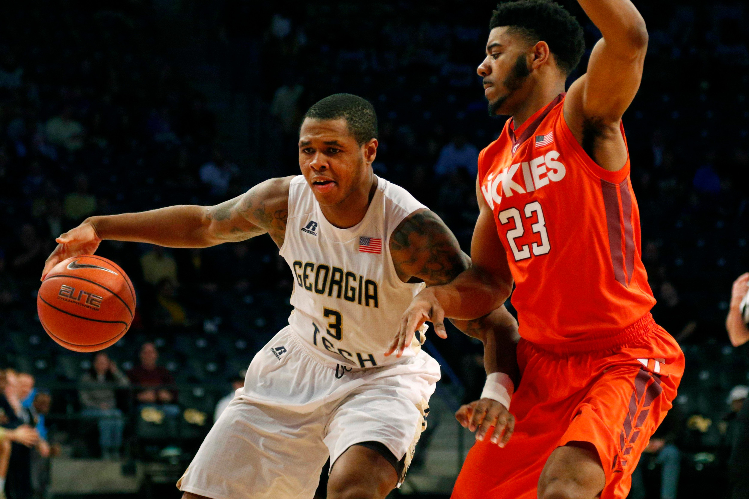 Marcus Georges-Hunt is defended by Virginia Tech Hokies guard Jalen Hudson. Brett Davis-USA TODAY Sports