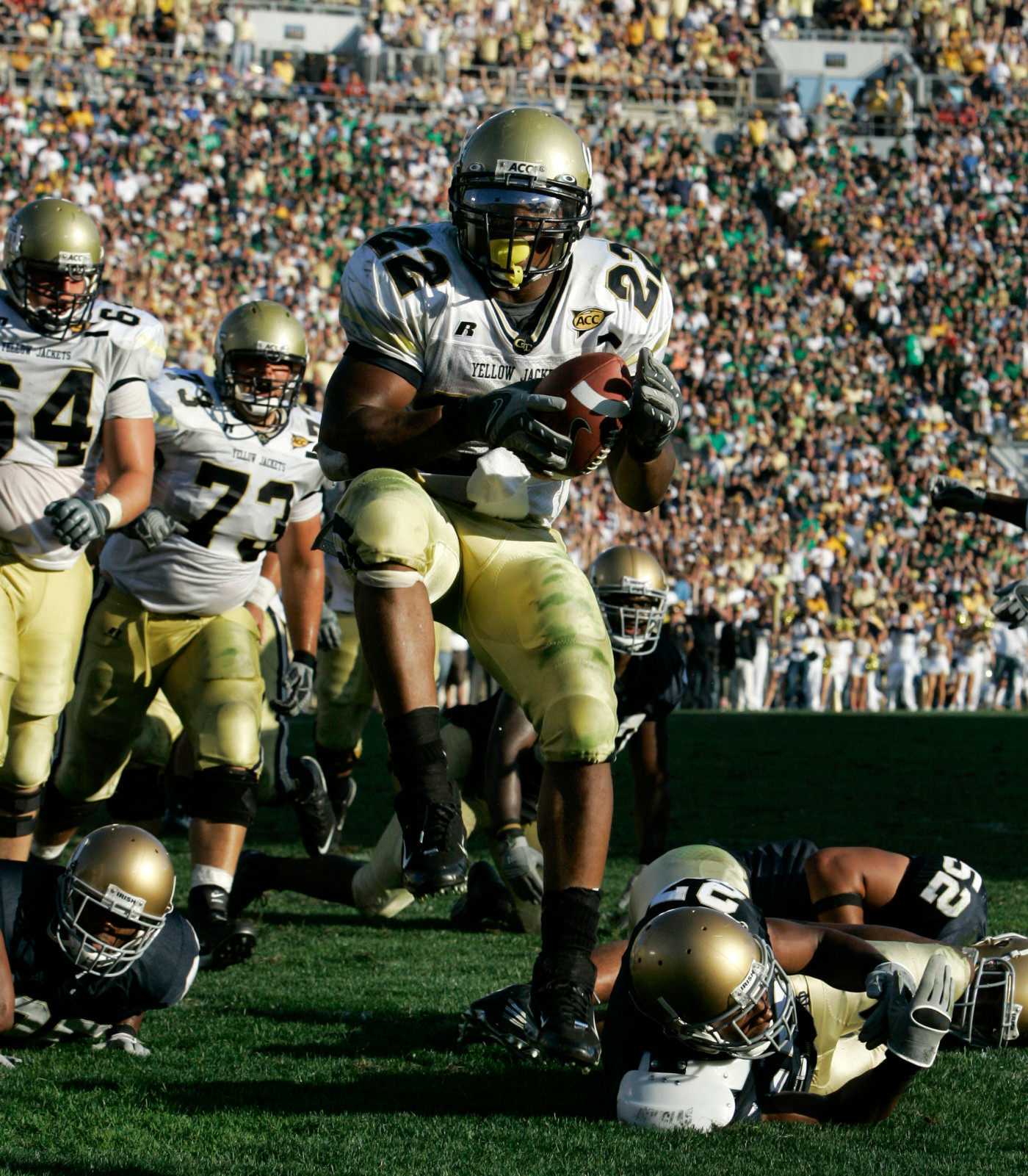 Georgia Tech running back Tashard Choice scores a touchdown in the fourth quarter against Notre Dame during a college football game in South Bend, Ind., Saturday, Sept. 1, 2007. Choice rushed for 196 yards and two touchdowns in Georgia Tech's 33-3 win.