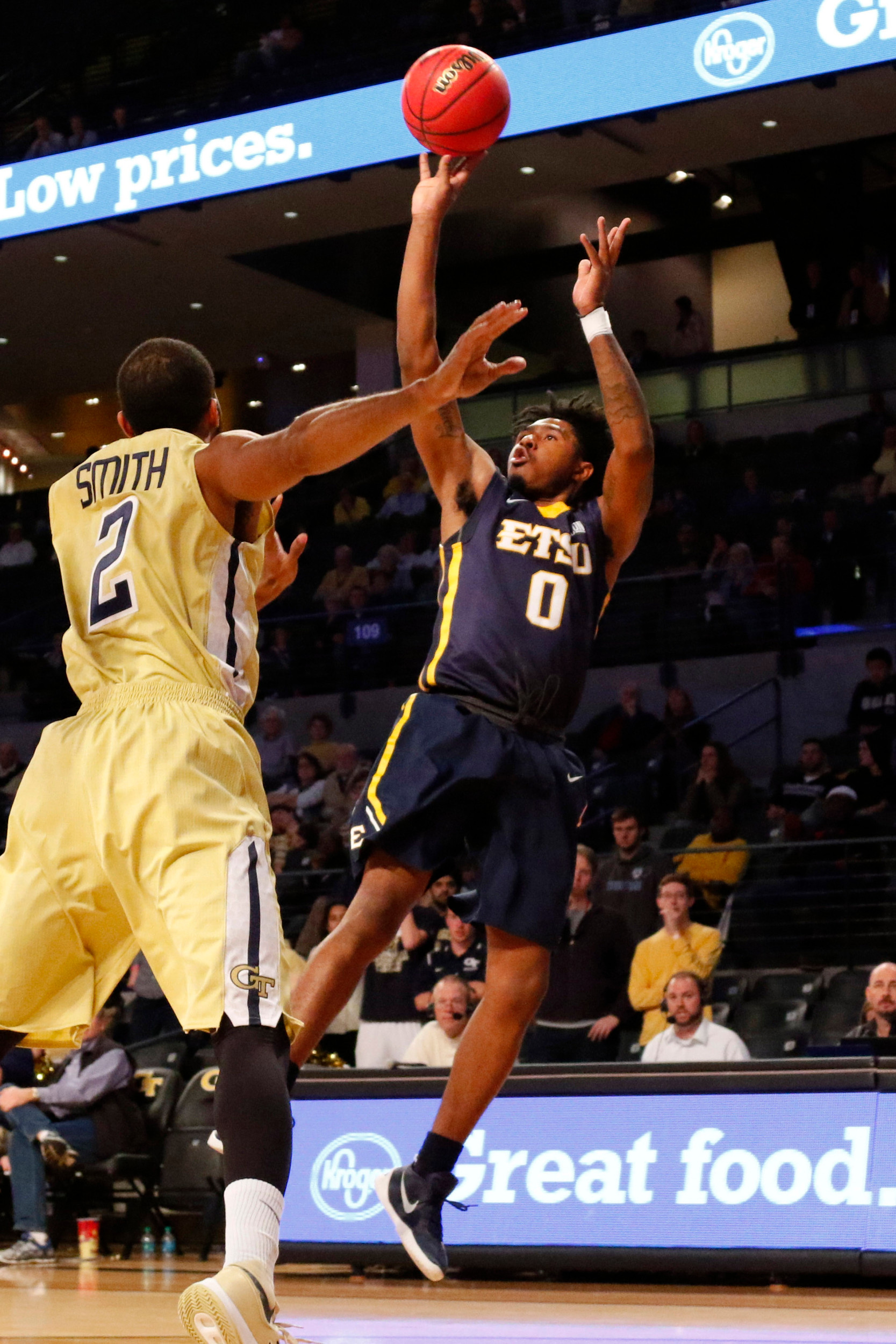 Nov 22, 2015; Atlanta, GA, USA; East Tennessee State Buccaneers guard T.J. Cromer (0) shoots the ball against the Georgia Tech Yellow Jackets in the second half at McCamish Pavilion. East Tennessee State defeated Georgia Tech 69-68. Mandatory Credit: Brett Davis-USA TODAY Sports