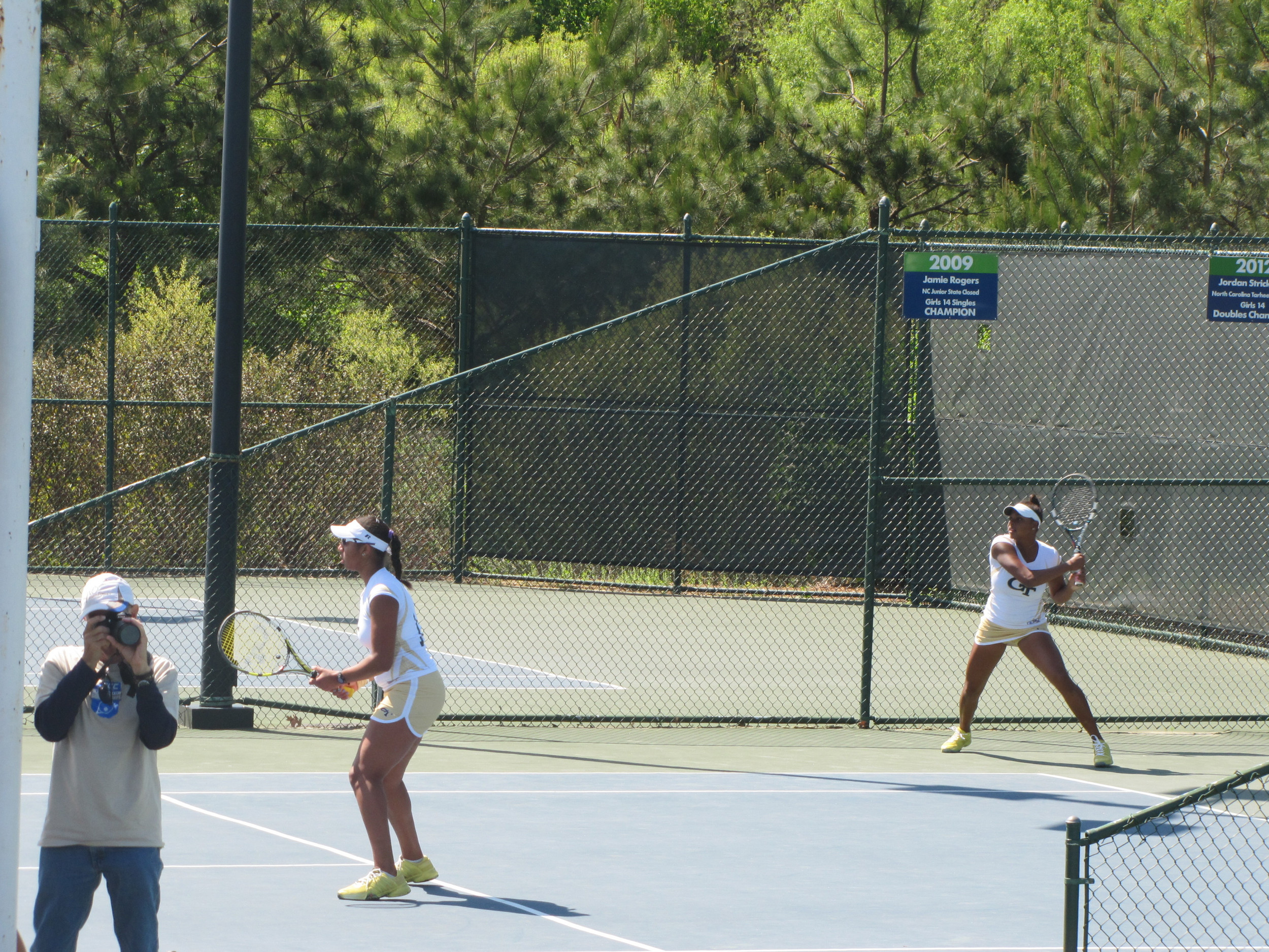 Rasheeda McAdoo and Johnnise Renaud compete in doubles against NC State in the ACC Tournament.