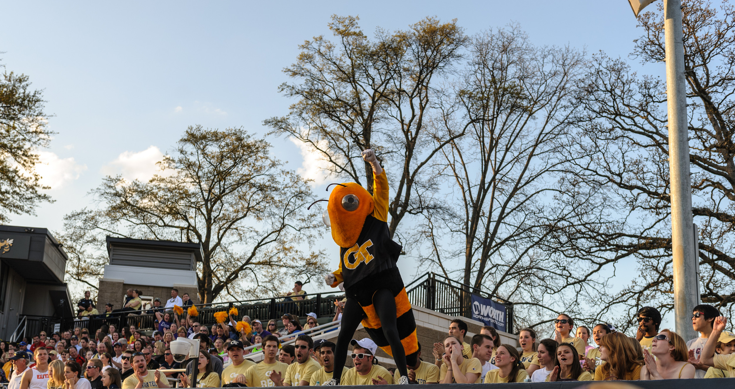 Buzz pumps up the crowd at the game.