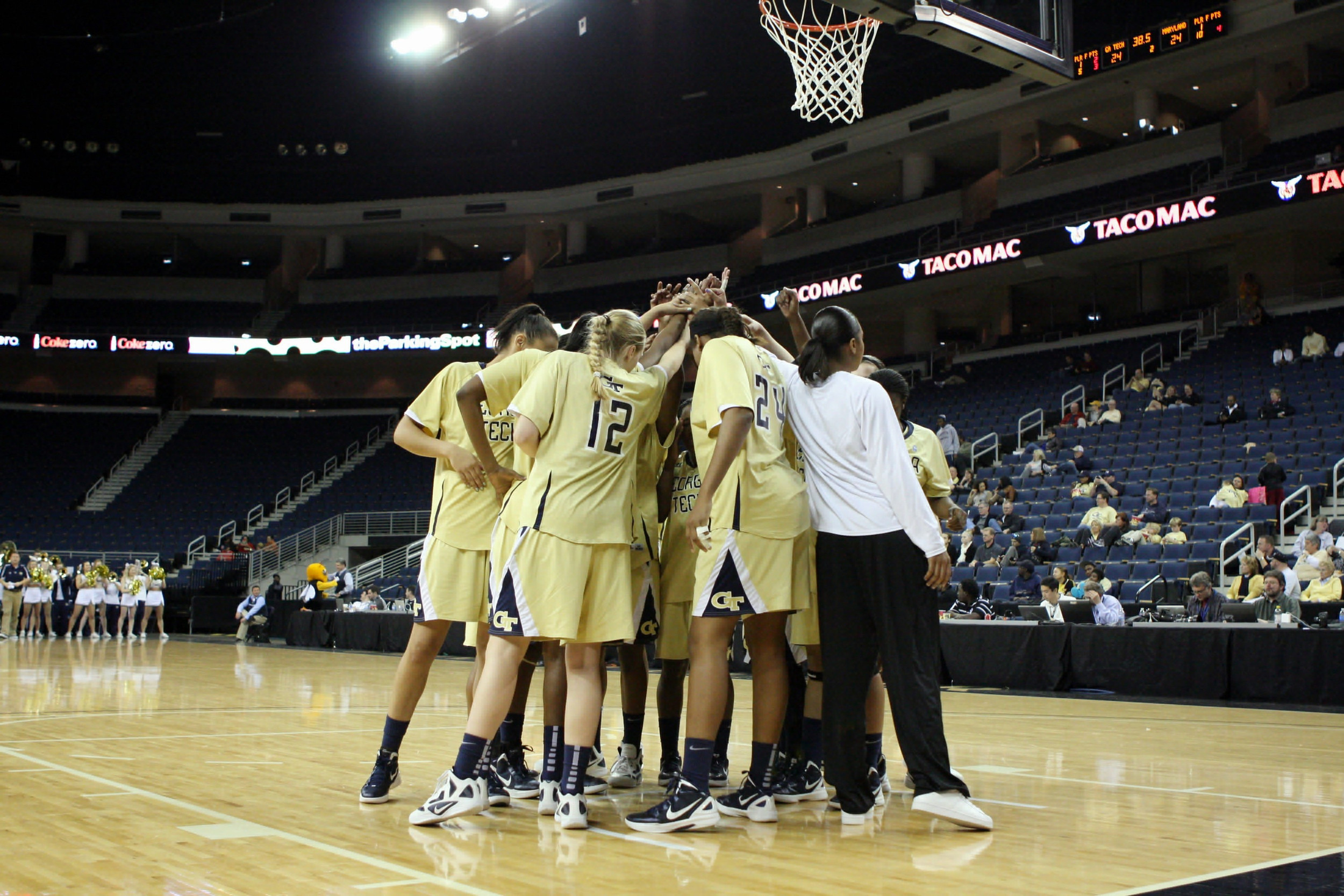 Team huddle before the Yellow Jackets games against No. 6 Maryland.