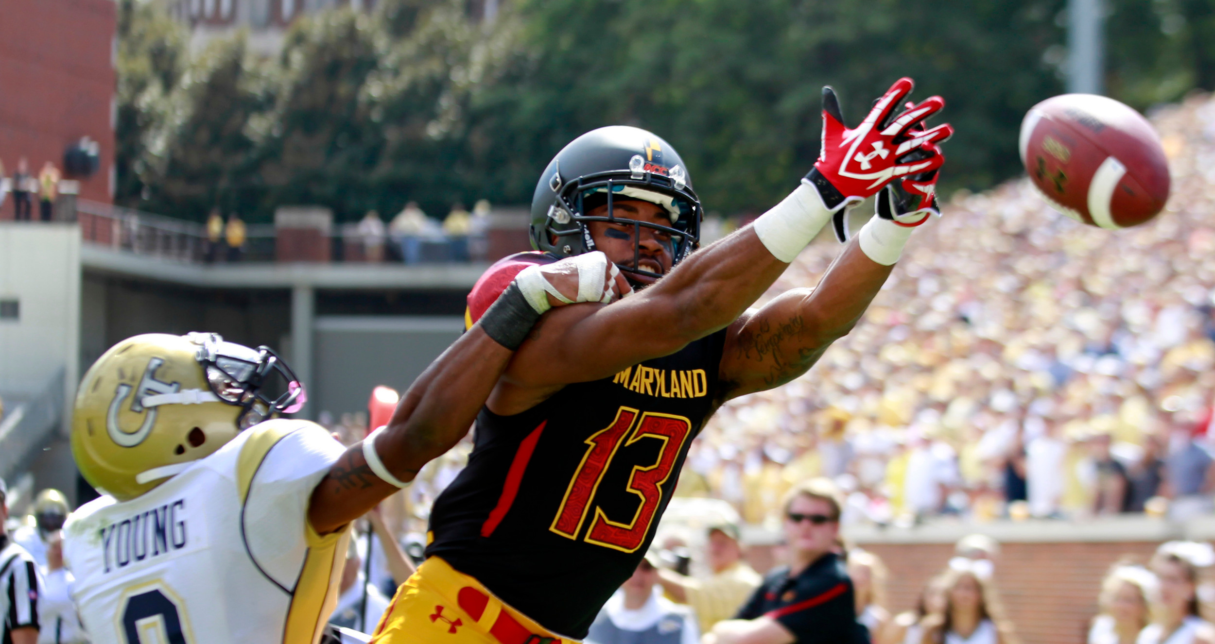 Georgia Tech cornerback Rod Sweeting (6) breaks up a pass intended for Maryland wide receiver Kerry Boykins (13) in the third quarter of an NCAA college football game Saturday, Oct, 8, 2011 in Atlanta. Tech won 20-16. (AP Photo/John Bazemore)