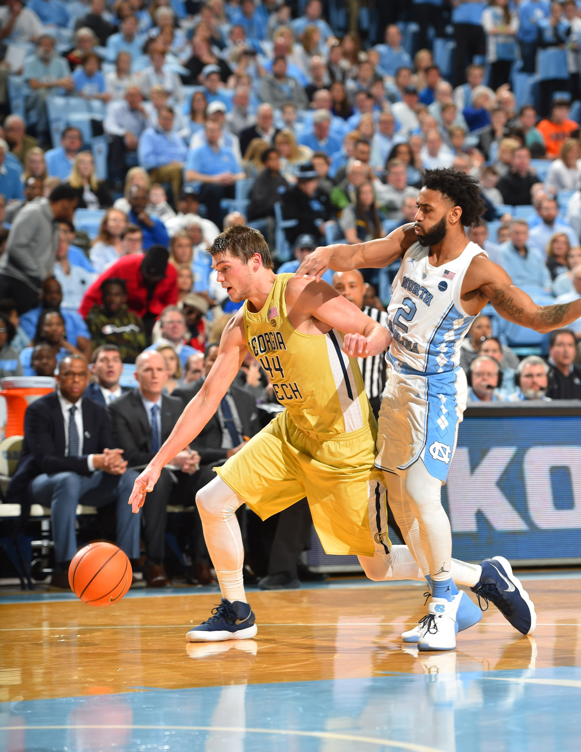 Jan 20, 2018; Chapel Hill, NC, USA; Georgia Tech Yellow Jackets center Ben Lammers (44) with the ball as North Carolina Tar Heels guard Joel Berry II (2) defends in the first half at Dean E. Smith Center. Mandatory Credit: Bob Donnan-USA TODAY Sports