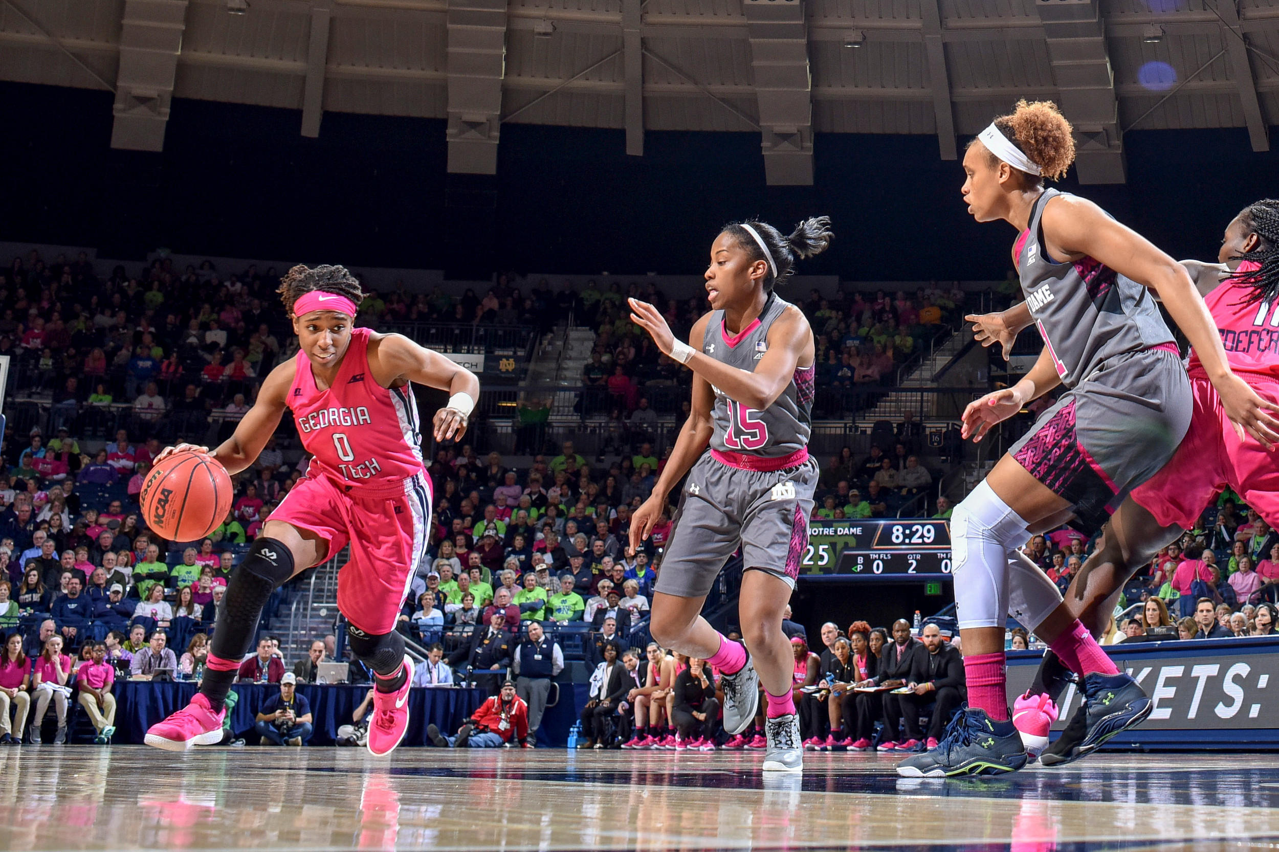 Georgia Tech Yellow Jackets guard Imani Tilford (0) dribbles as Notre Dame Fighting Irish guard Lindsay Allen (15) defends in the first half at the Purcell Pavilion. (Matt Cashore-USA TODAY Sports)