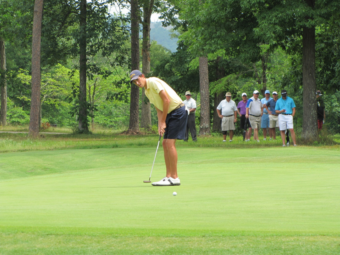 Chesson Hadley watches his birdie putt at No. 3 during Tech's quarterfinal match with Augusta State in the NCAA Golf Championship.