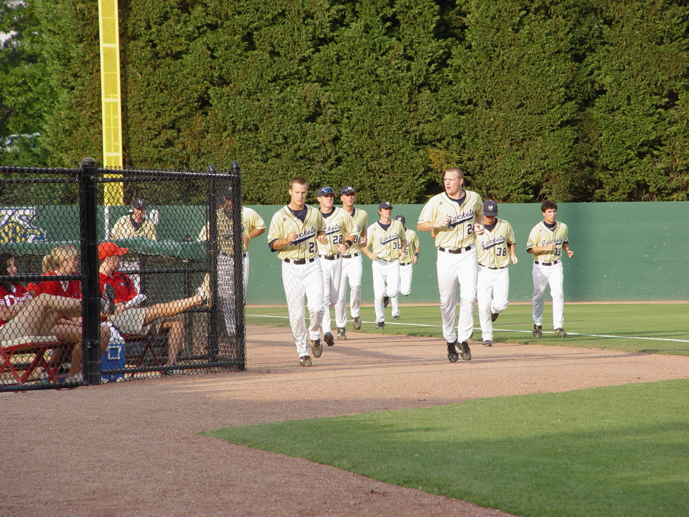 Tech players return from their mid-fourth inning stretch during its NCAA regional game with Georgia, June 1, 2008.