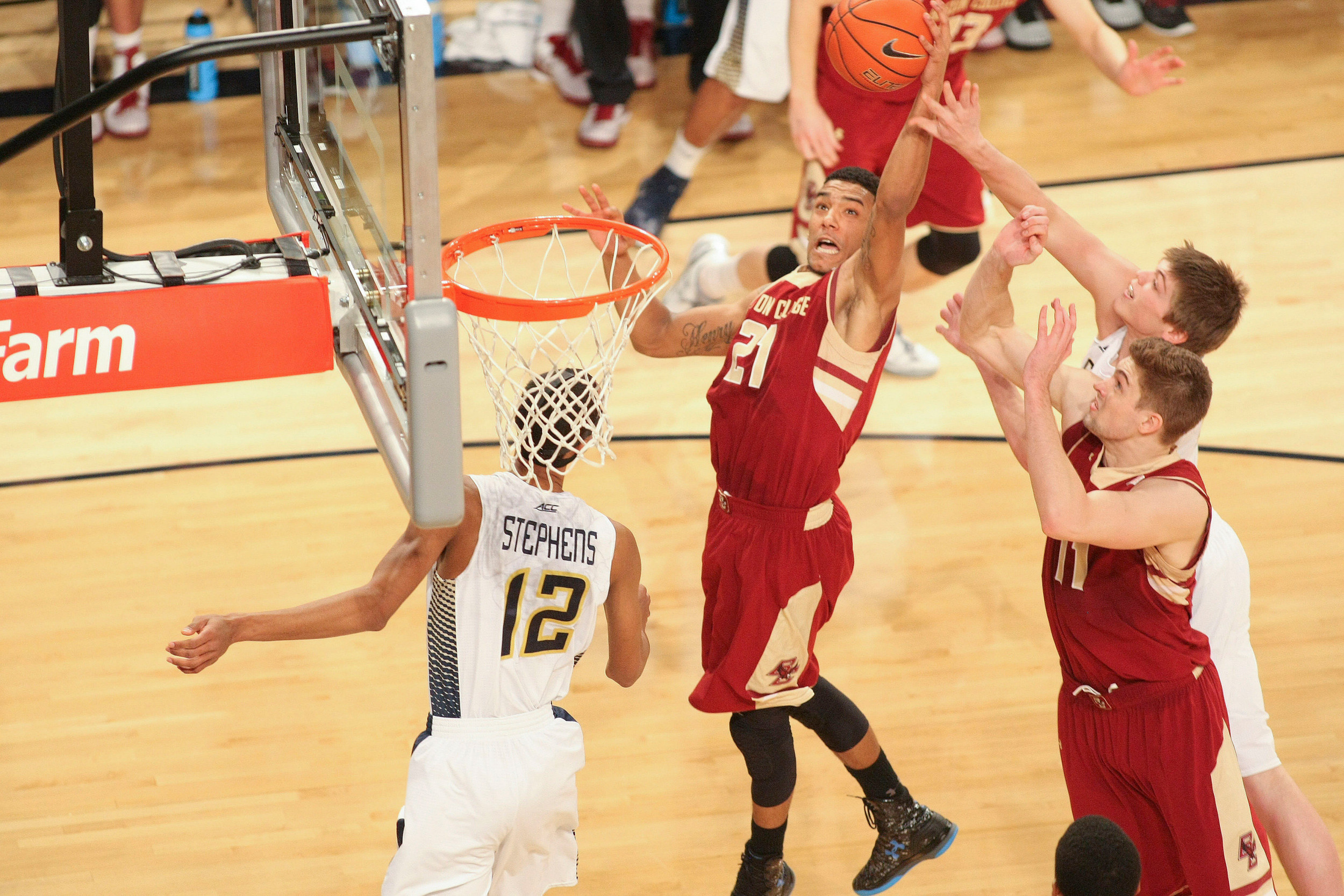 Jan 25, 2015; Atlanta, GA, USA; Boston College Eagles guard Olivier Hanlan (21) grabs a rebound against the Georgia Tech Yellow Jackets in the first half at McCamish Pavilion. Mandatory Credit: Brett Davis-USA TODAY Sports